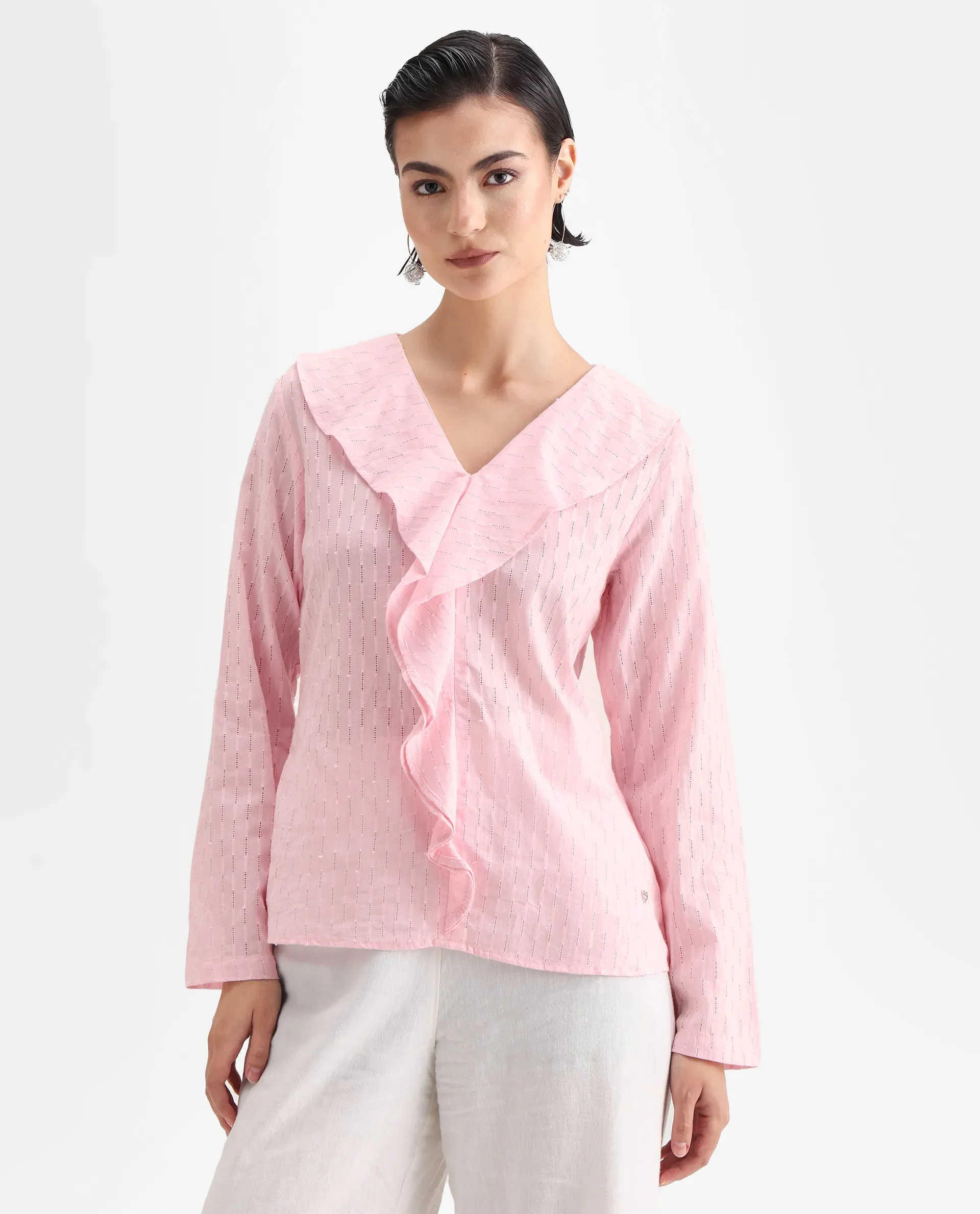 Rareism Women's Bowez Pink Cotton V-Neck Plain Regular Fit Top - Image 4