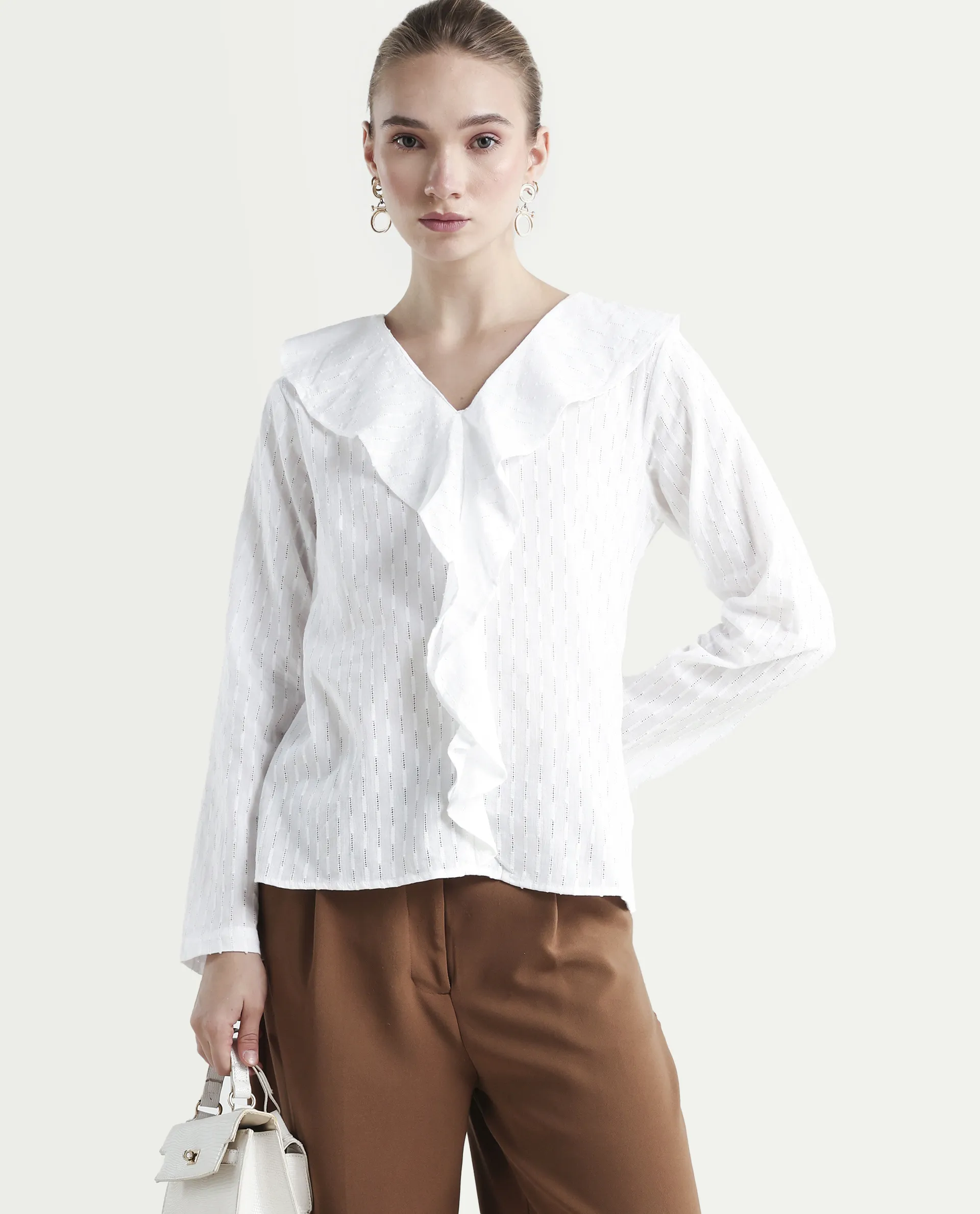 Rareism Women's Bowez White Cotton Ruffled Neck Plain Regular Fit Top