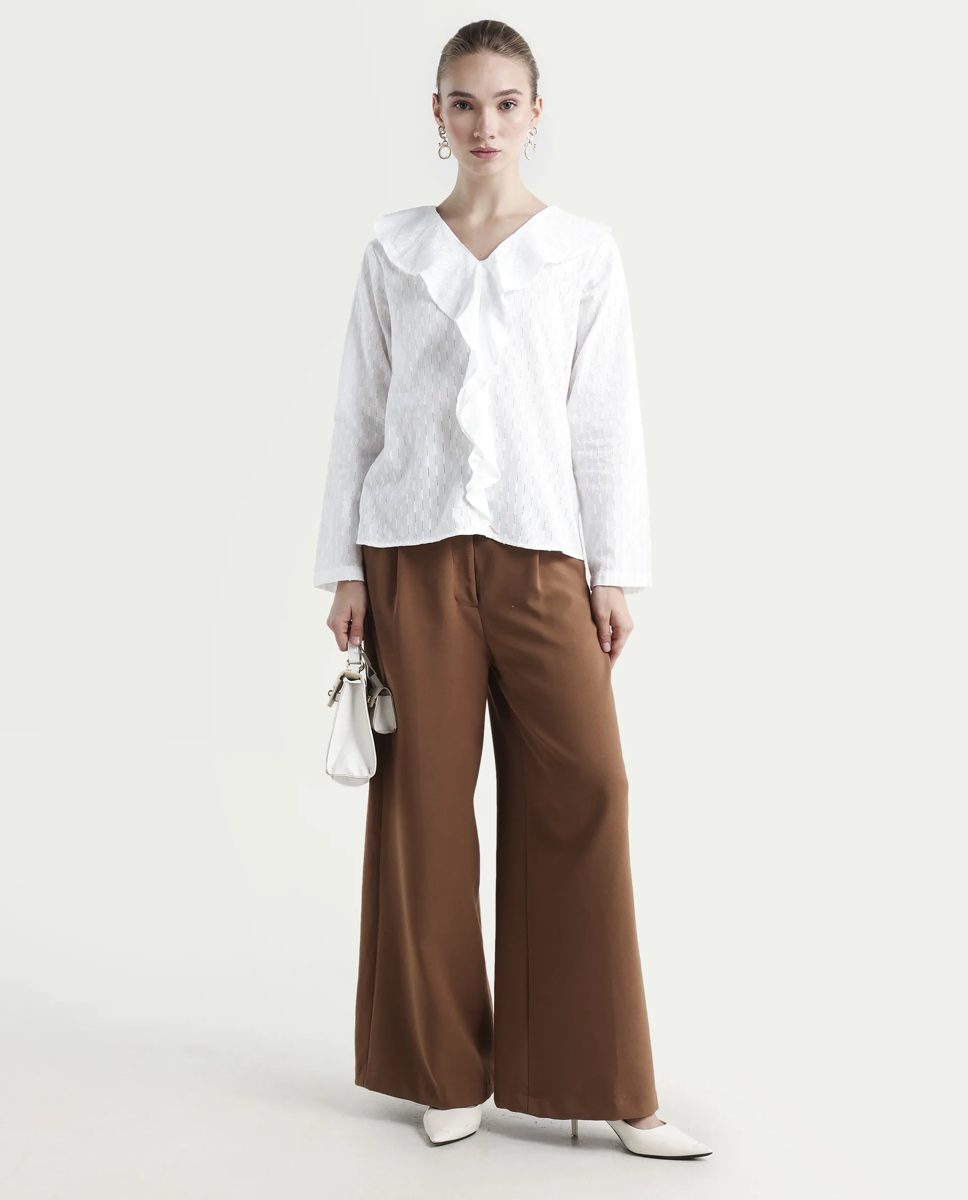 Rareism Women's Bowez White Cotton Ruffled Neck Plain Regular Fit Top - Image 2