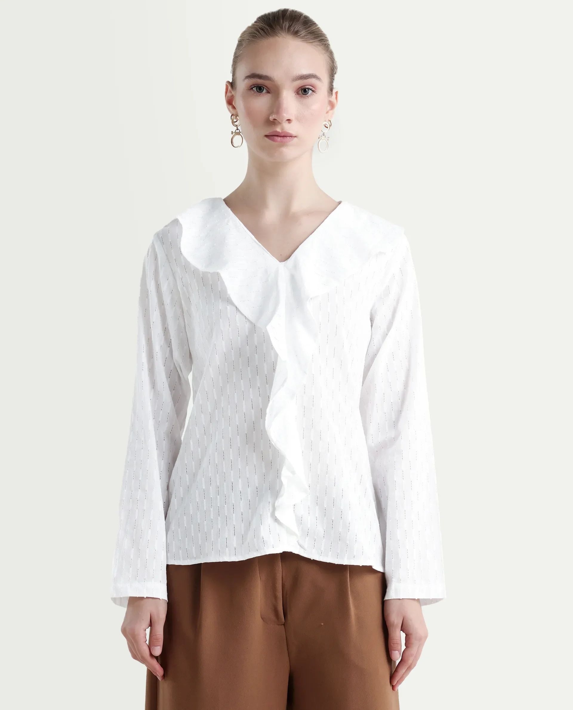 Rareism Women's Bowez White Cotton Ruffled Neck Plain Regular Fit Top - Image 3