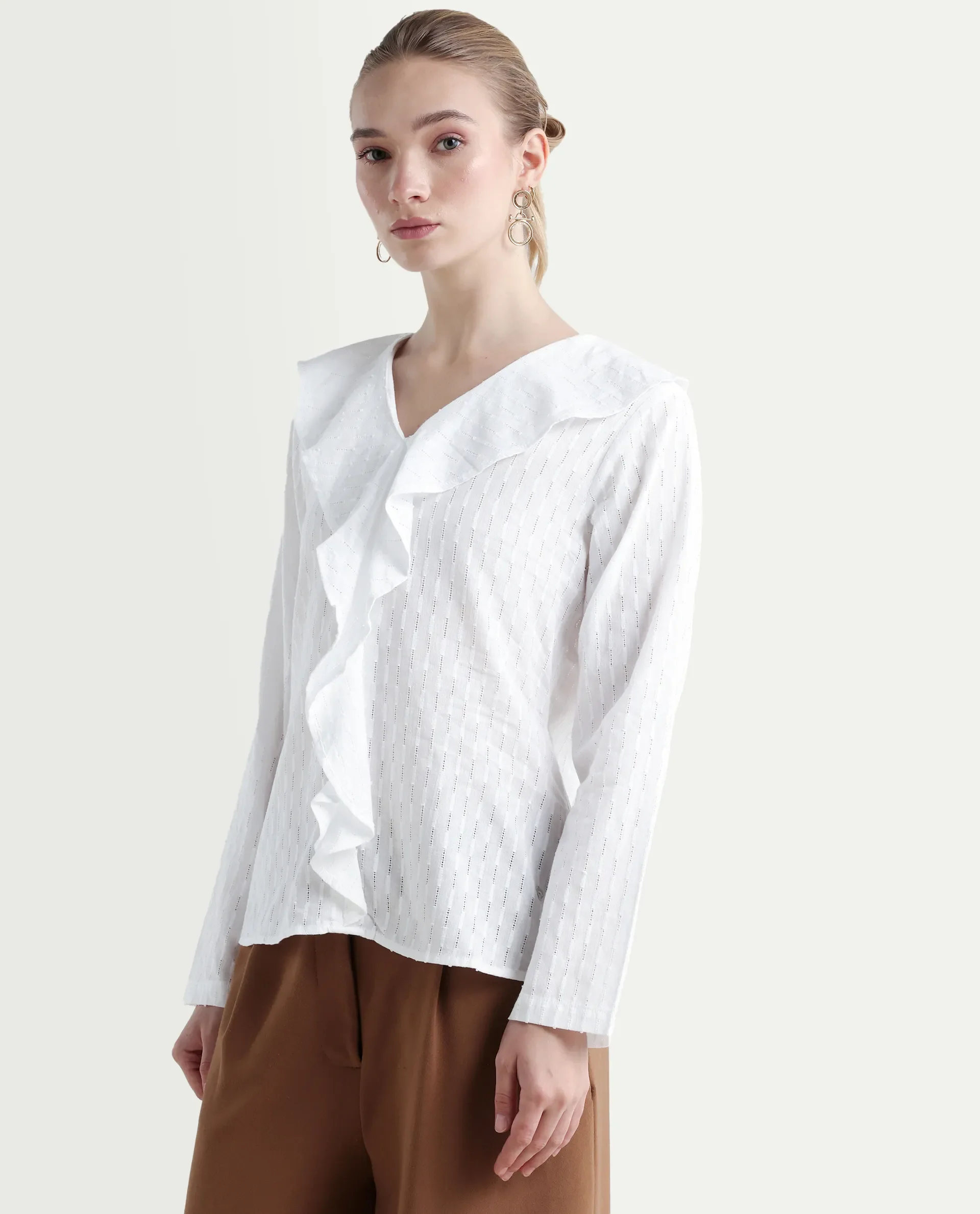 Rareism Women's Bowez White Cotton Ruffled Neck Plain Regular Fit Top - Image 5