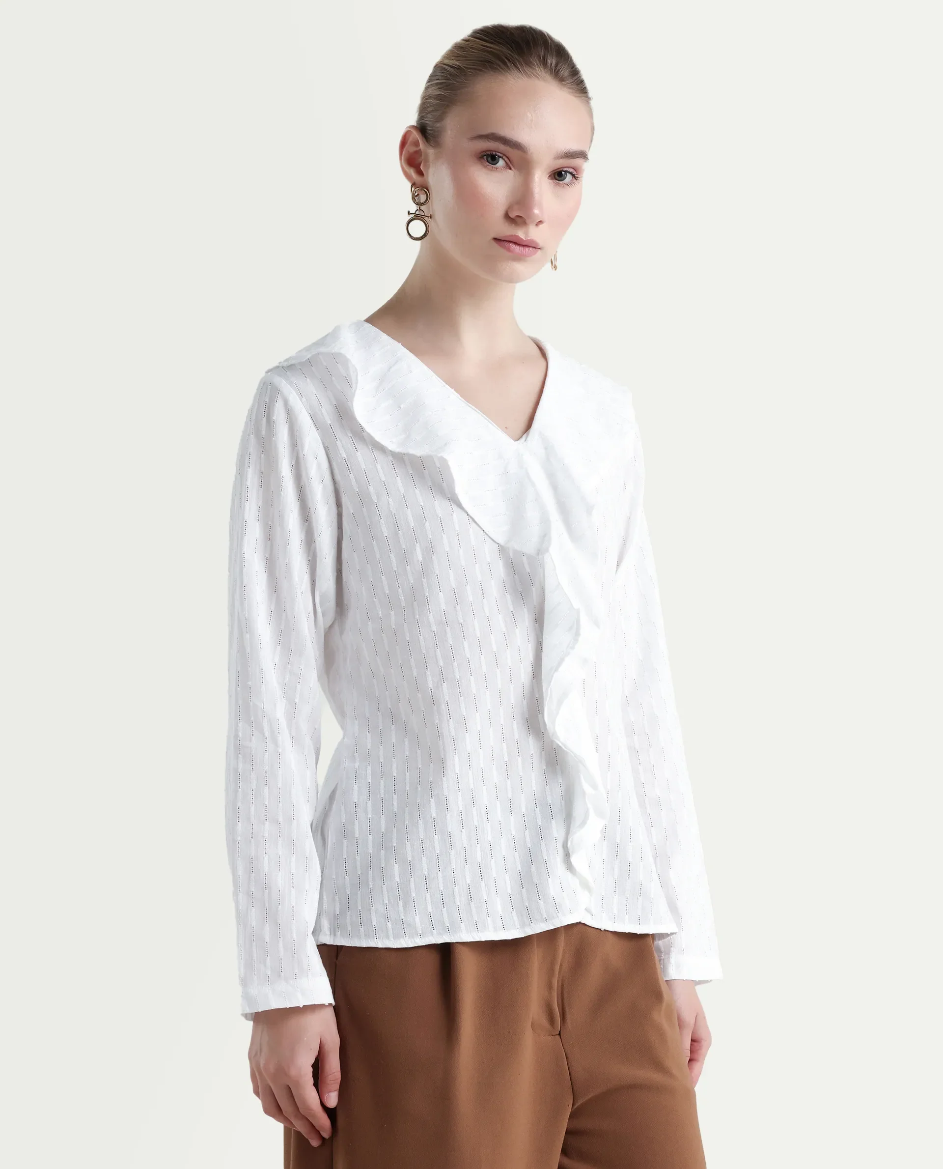 Rareism Women's Bowez White Cotton Ruffled Neck Plain Regular Fit Top - Image 6
