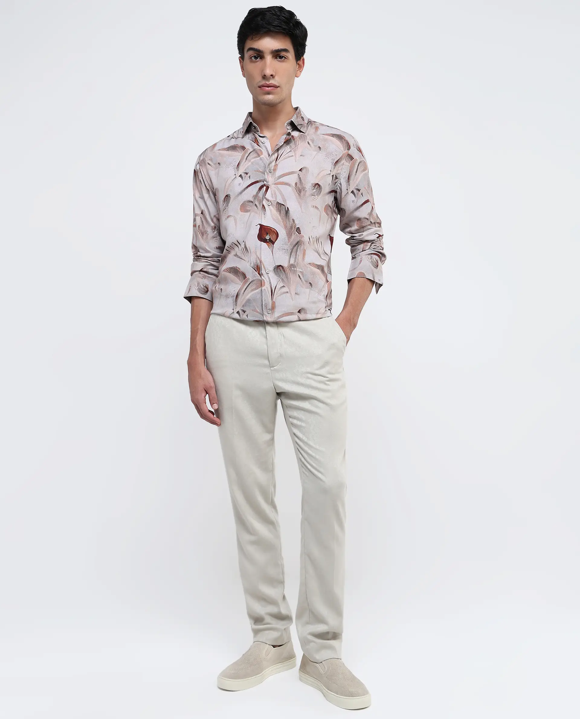 Rare Rabbit Men's Bowon-1 Light Brown Viscose Tropical Print Regular Fit Full Sleeve Collared Shirt - Image 2