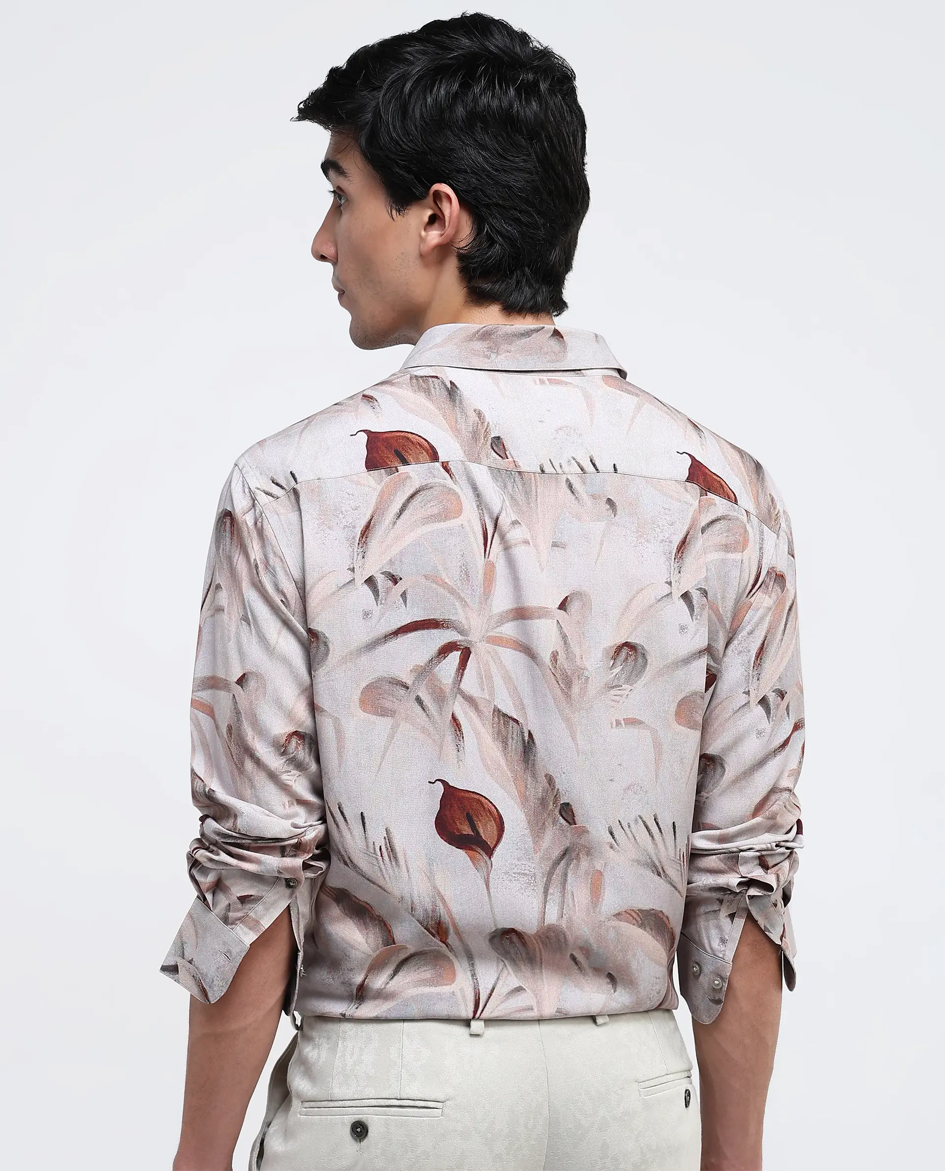 Rare Rabbit Men's Bowon-1 Light Brown Viscose Tropical Print Regular Fit Full Sleeve Collared Shirt - Image 4