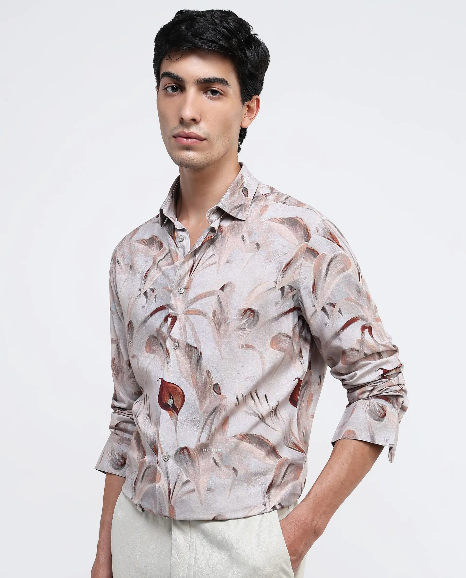 Rare Rabbit Men's Bowon-1 Light Brown Viscose Tropical Print Regular Fit Full Sleeve Collared Shirt - Image 5