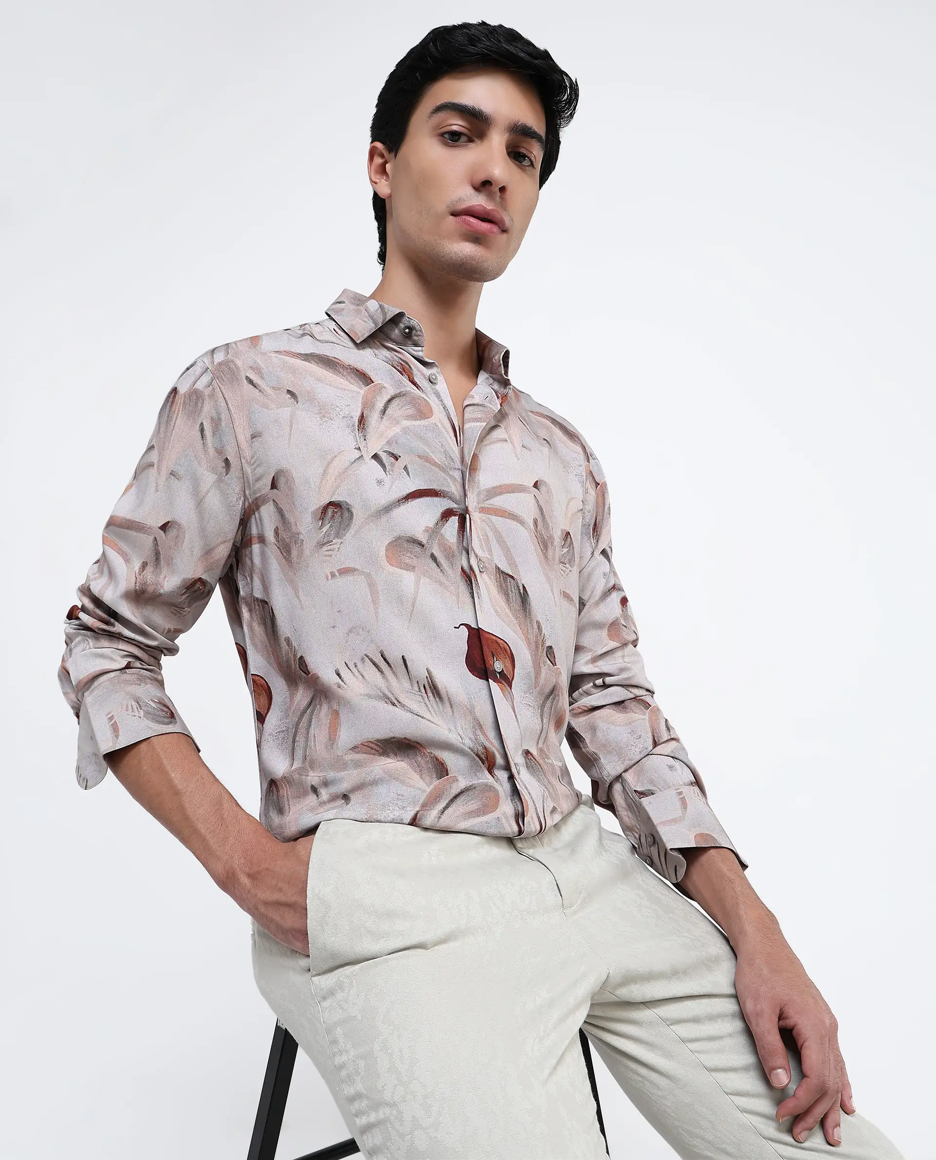 Rare Rabbit Men's Bowon-1 Light Brown Viscose Tropical Print Regular Fit Full Sleeve Collared Shirt - Image 6