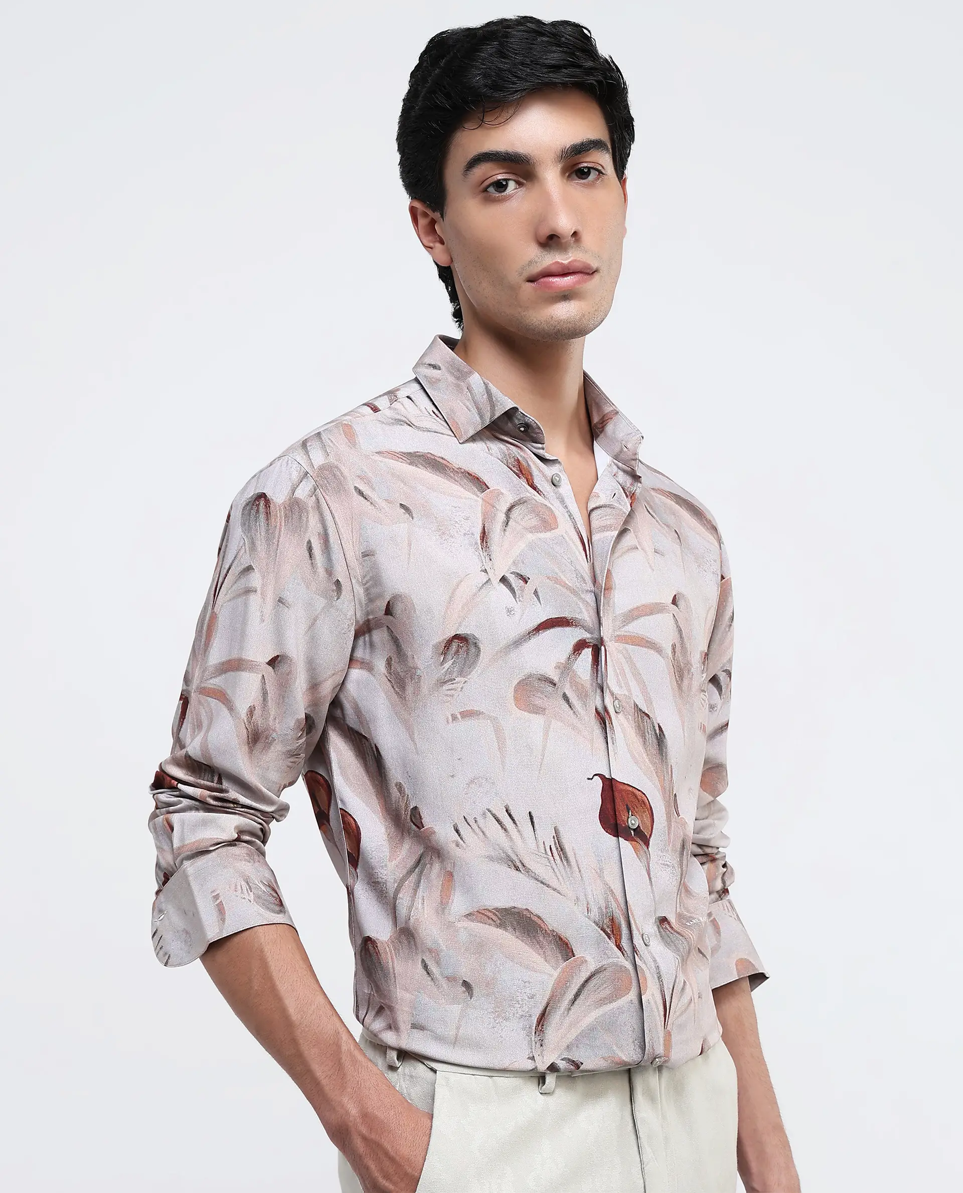Rare Rabbit Men's Bowon-1 Light Brown Viscose Tropical Print Regular Fit Full Sleeve Collared Shirt - Image 7