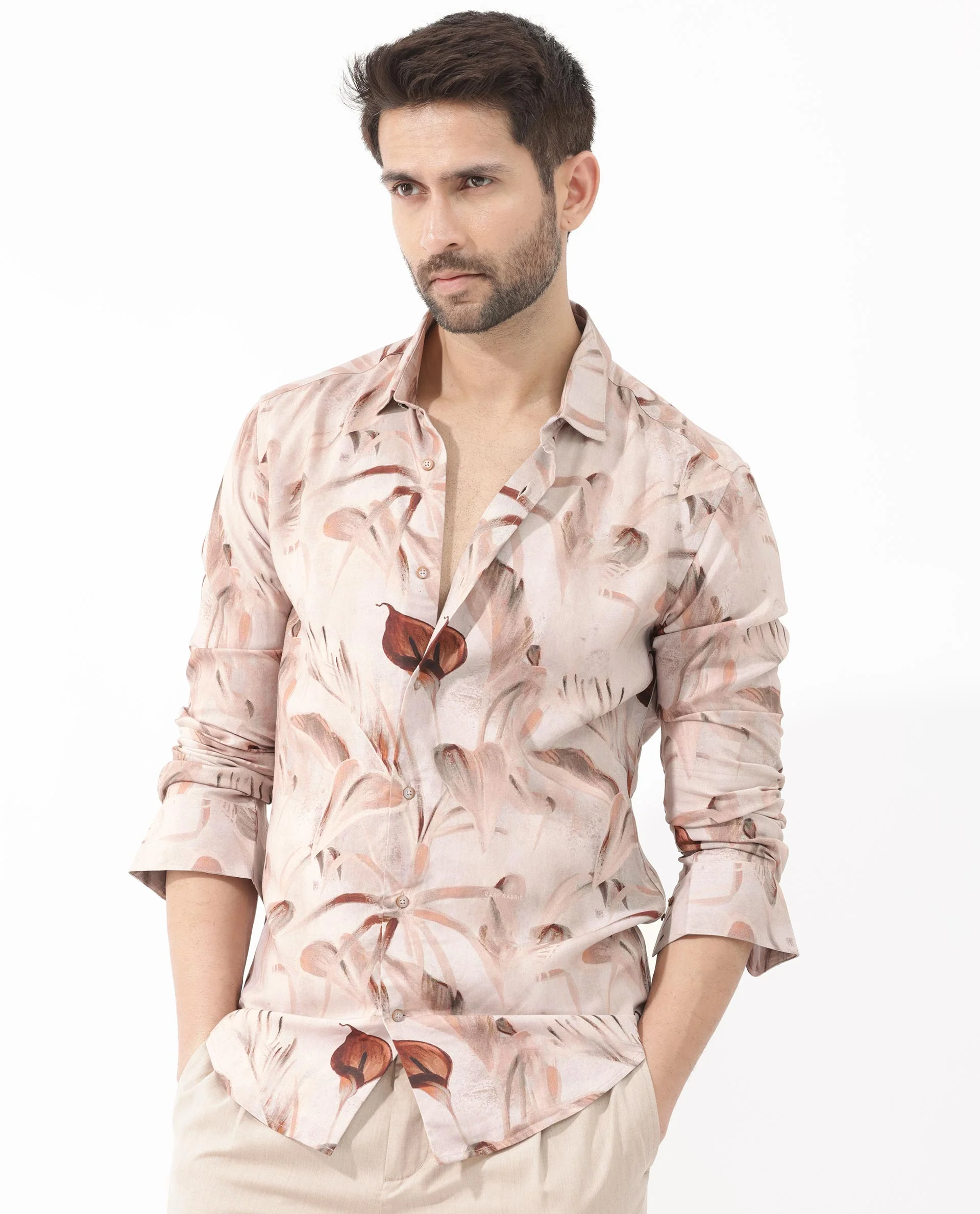 Rare Rabbit Men's Bowon Ls Light Brown Viscose Tropical Print Regular Fit Full Sleeve Collared Shirt - Image 3