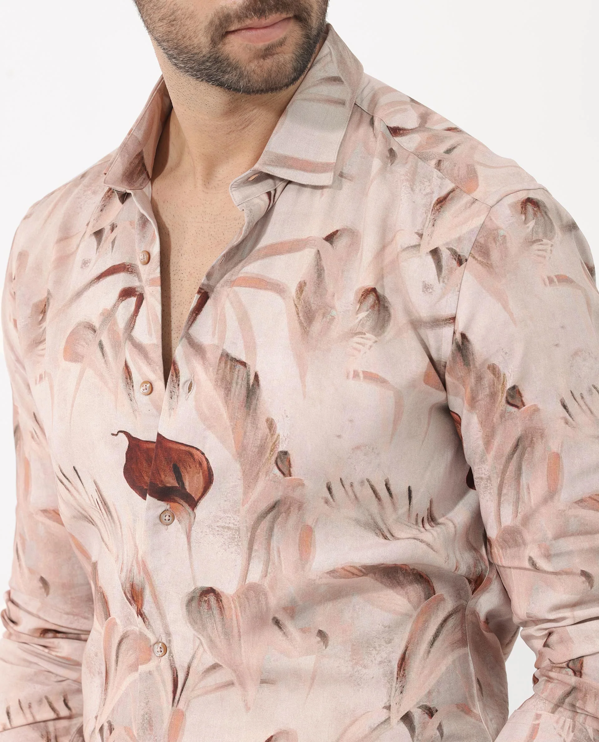 Rare Rabbit Men's Bowon Ls Light Brown Viscose Tropical Print Regular Fit Full Sleeve Collared Shirt - Image 5