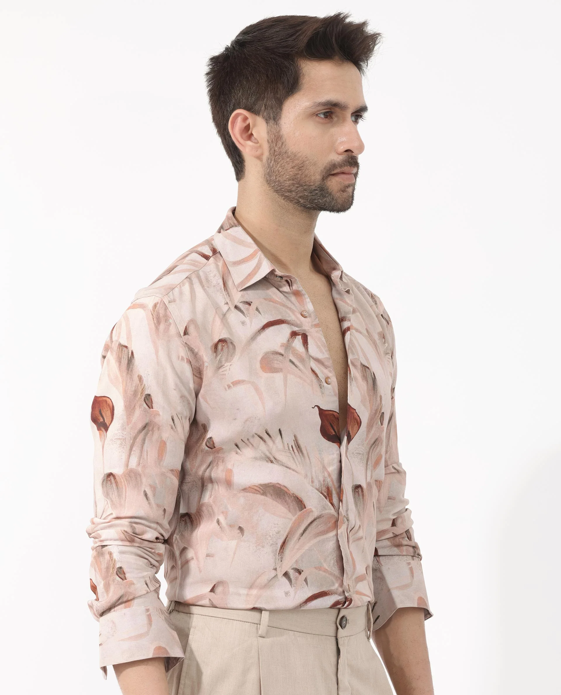 Rare Rabbit Men's Bowon Ls Light Brown Viscose Tropical Print Regular Fit Full Sleeve Collared Shirt - Image 7