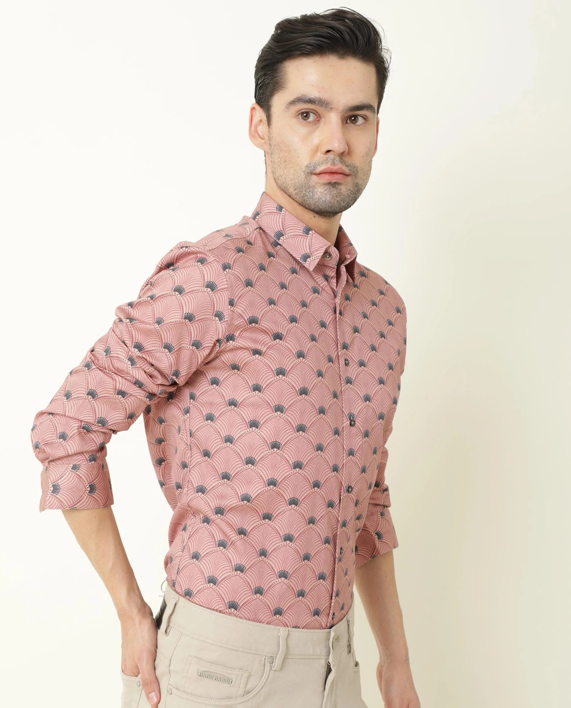 Rare Rabbit Men's Bowy Pink Cotton Geometric Print Regular Fit Full Sleeve Collared Shirt - Image 3