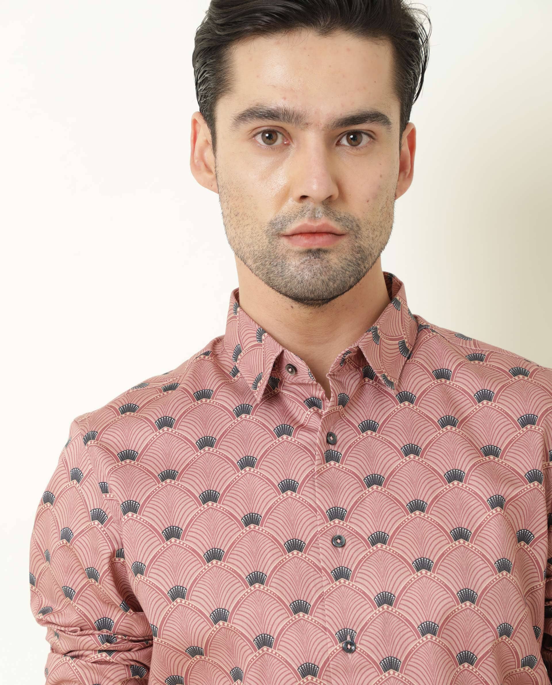 Rare Rabbit Men's Bowy Pink Cotton Geometric Print Regular Fit Full Sleeve Collared Shirt - Image 5
