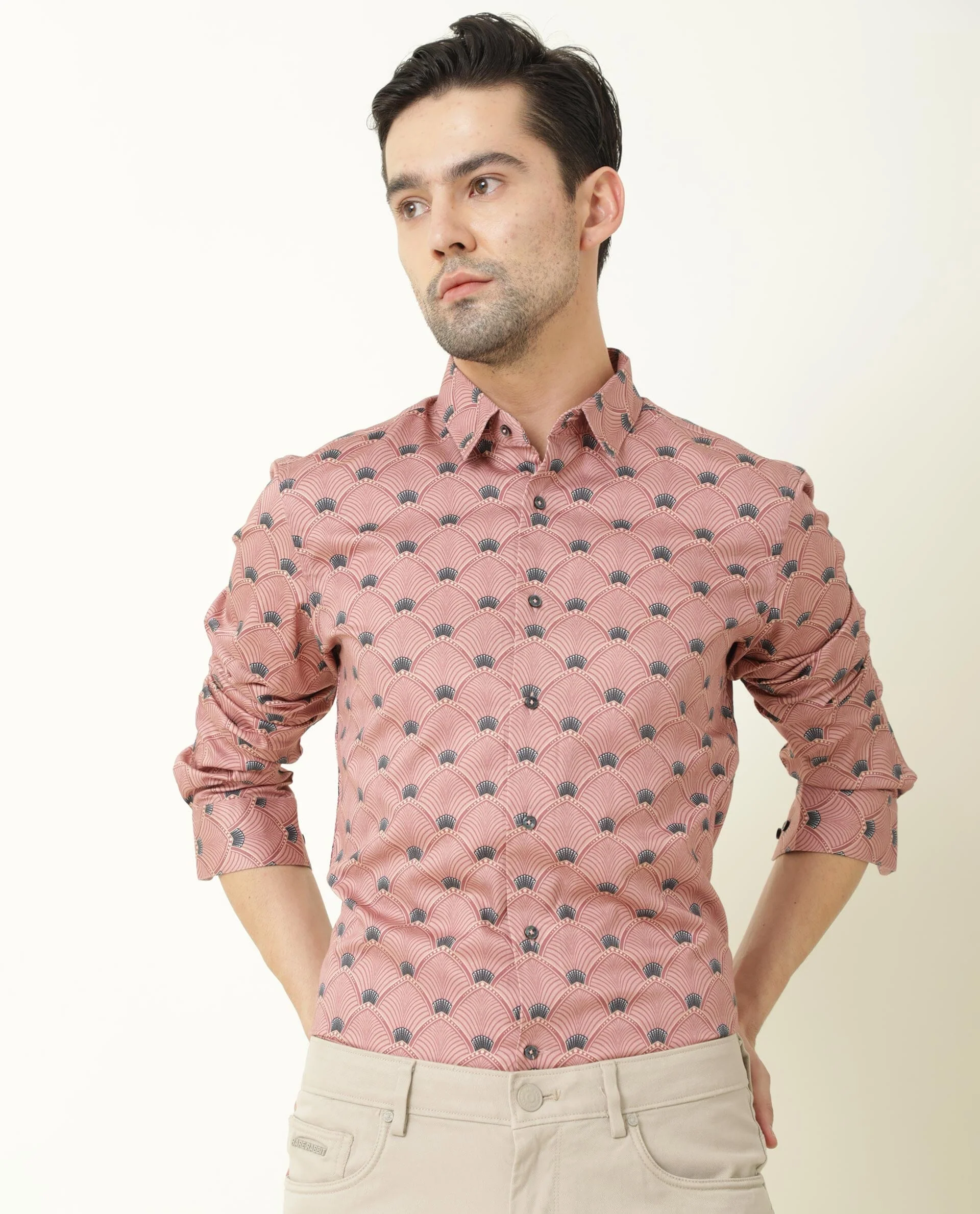 Rare Rabbit Men's Bowy Pink Cotton Geometric Print Regular Fit Full Sleeve Collared Shirt - Image 6