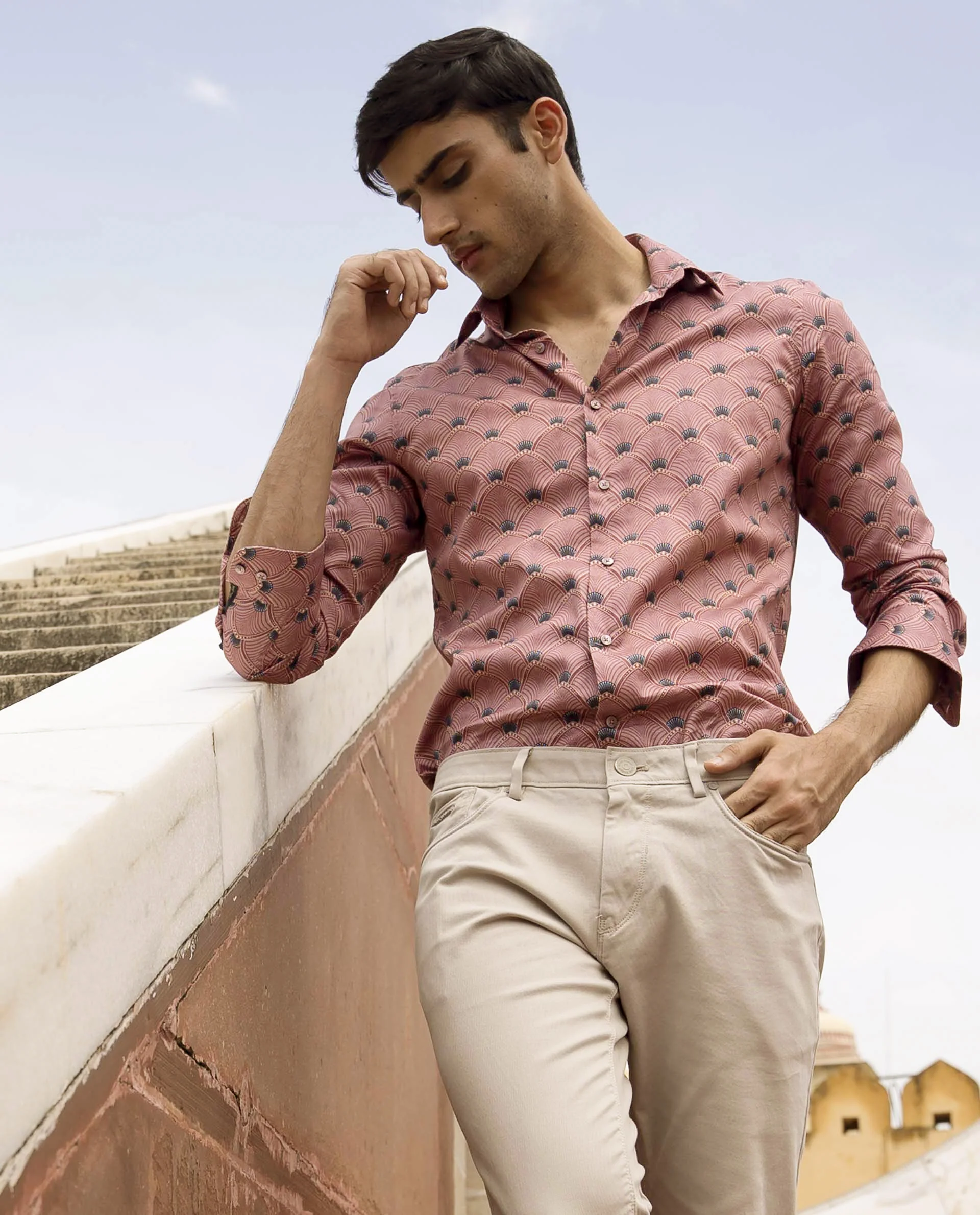 Rare Rabbit Men's Bowy Pink Cotton Geometric Print Regular Fit Full Sleeve Collared Shirt - Image 9