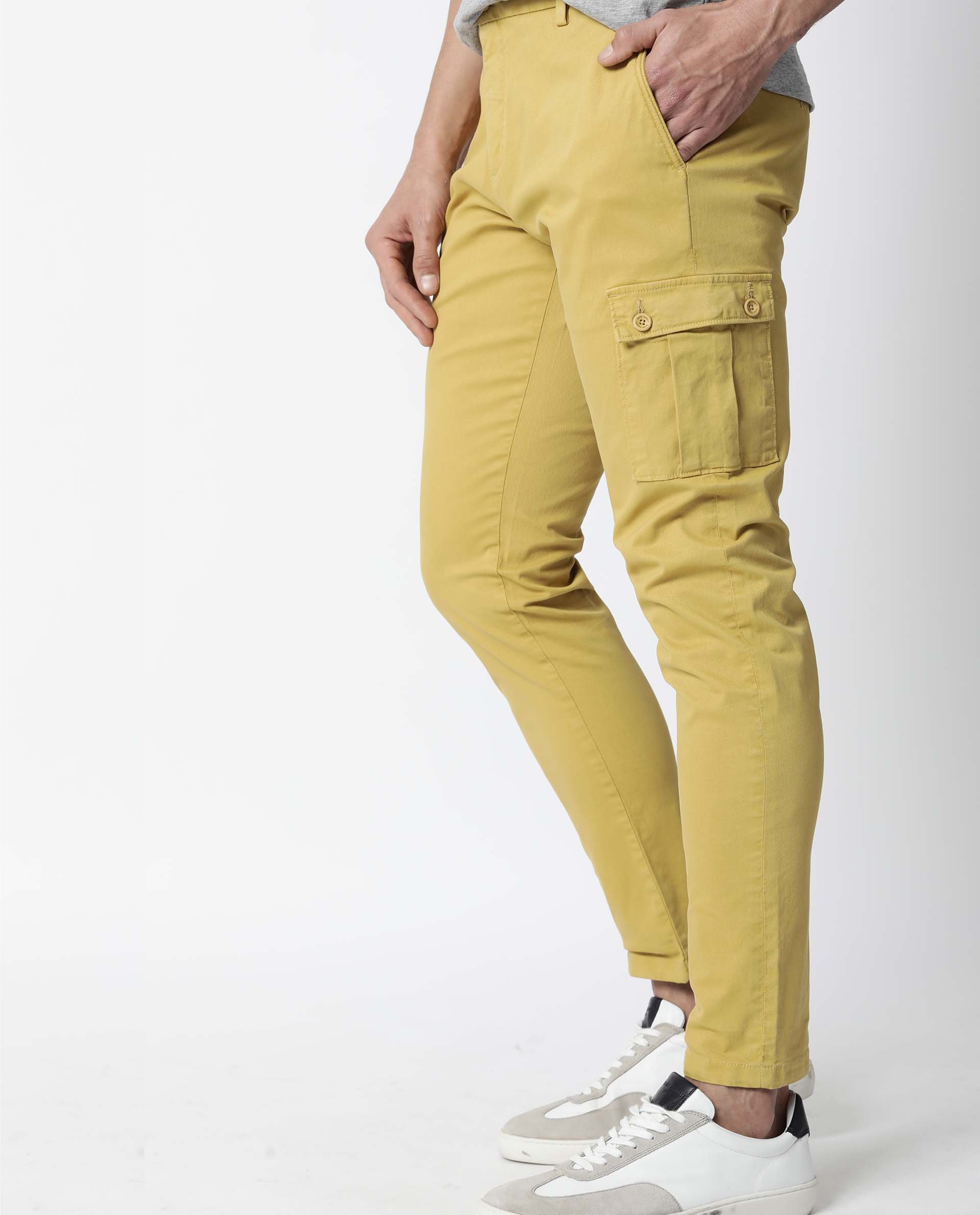 Rare Rabbit Men's Box Yellow Cotton Plain Slim Fit Trouser