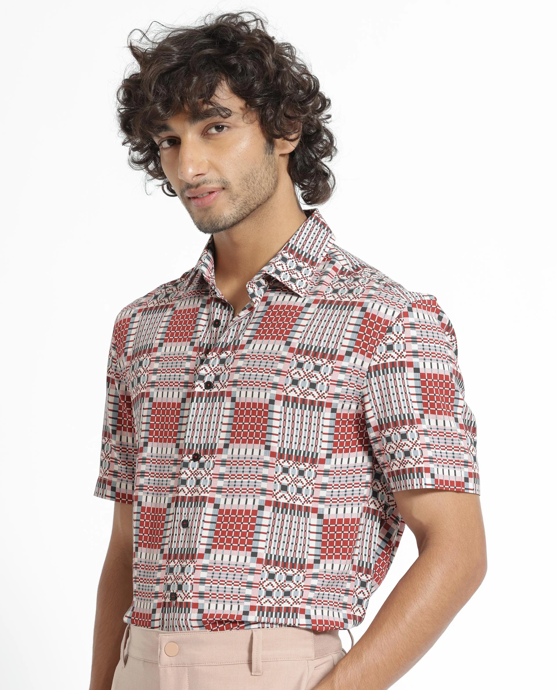 Rare Rabbit Men's Boxem Red Viscose Geometric Print Regular Fit Half Sleeve Collared Shirt