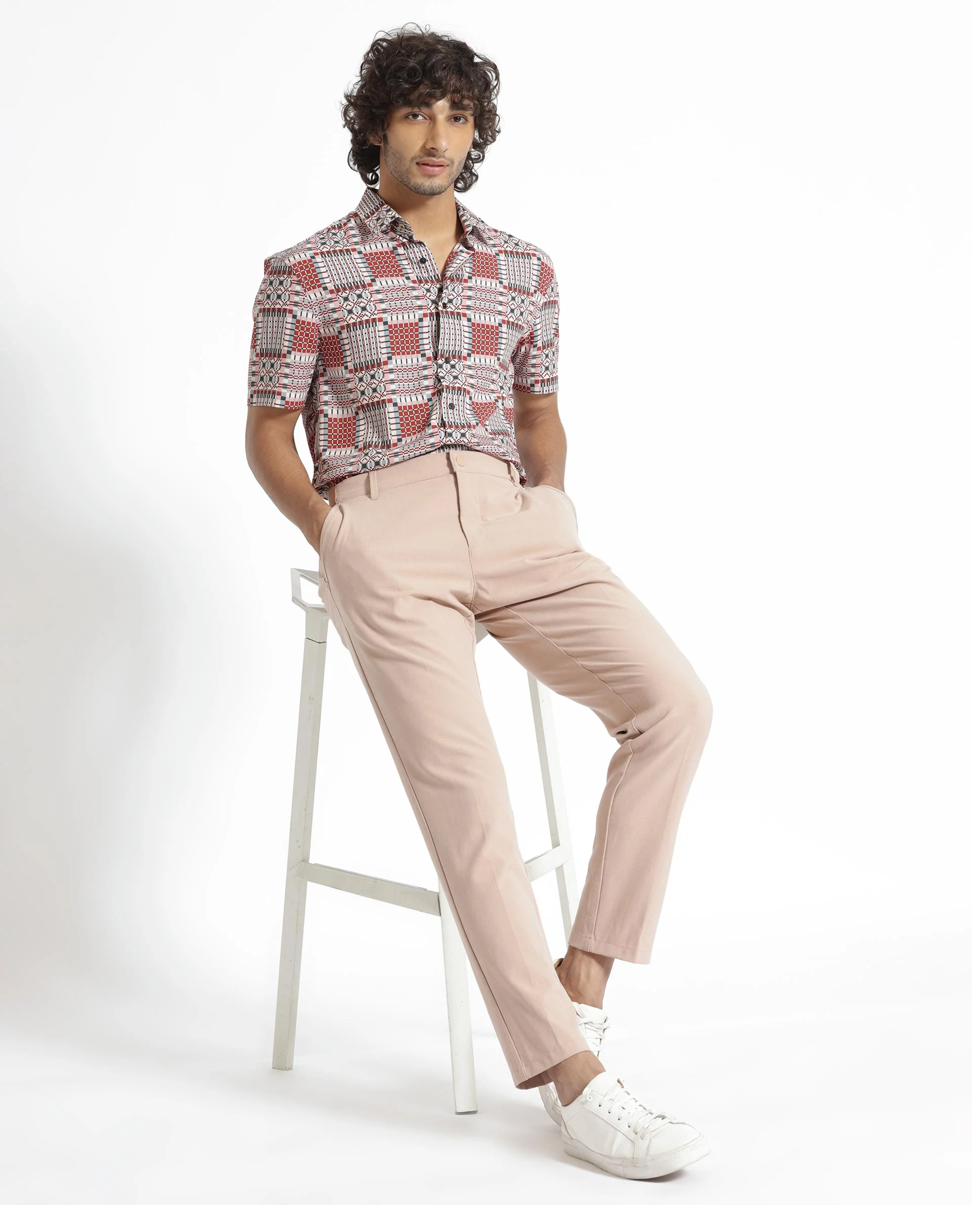 Rare Rabbit Men's Boxem Red Viscose Geometric Print Regular Fit Half Sleeve Collared Shirt - Image 2