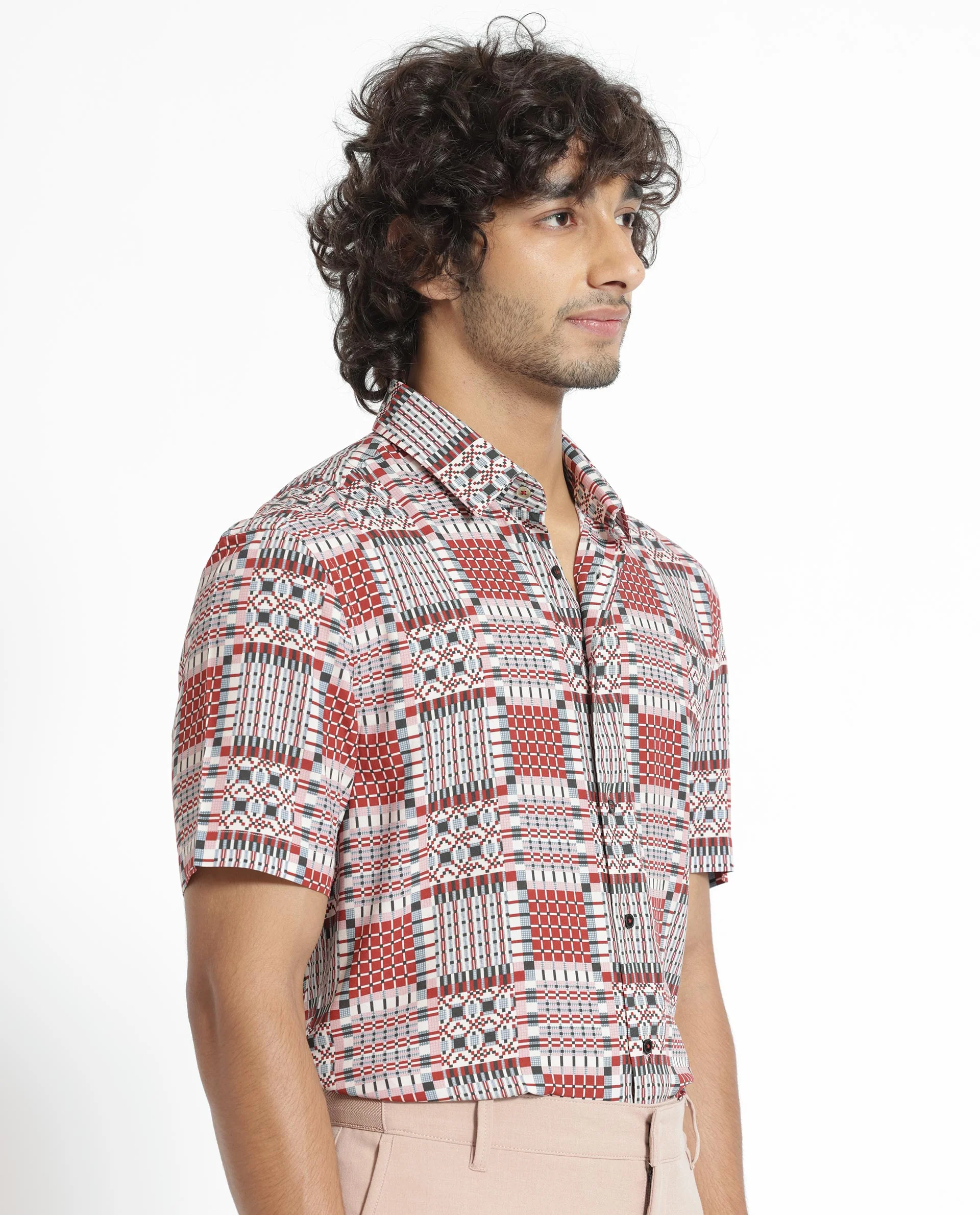 Rare Rabbit Men's Boxem Red Viscose Geometric Print Regular Fit Half Sleeve Collared Shirt - Image 3