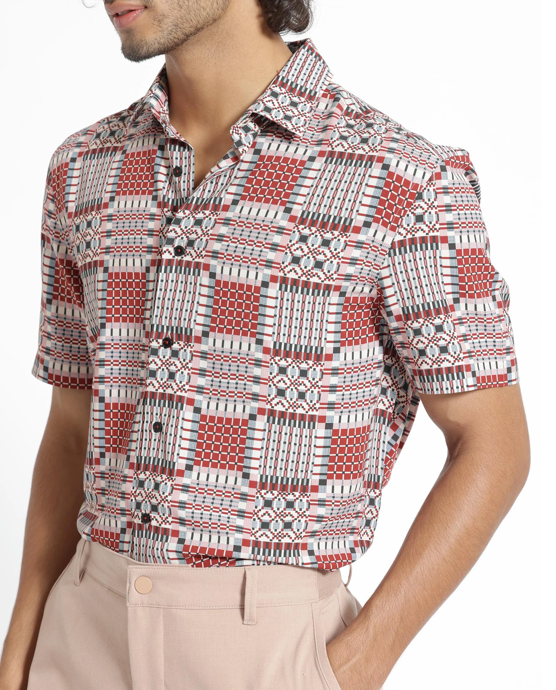 Rare Rabbit Men's Boxem Red Viscose Geometric Print Regular Fit Half Sleeve Collared Shirt - Image 4