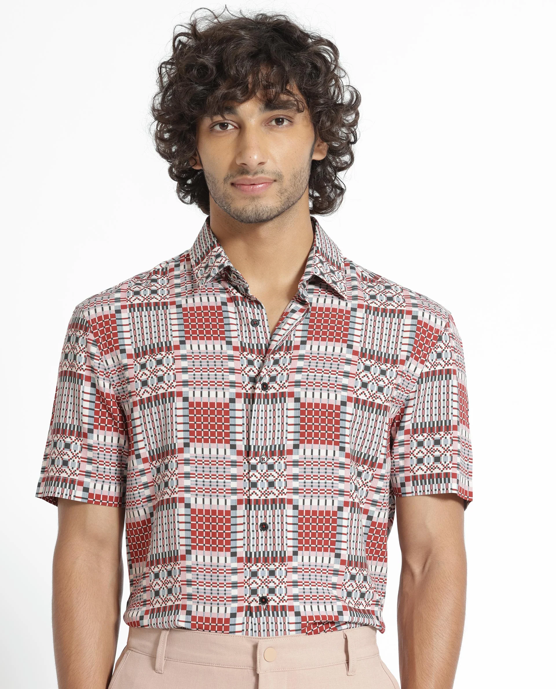 Rare Rabbit Men's Boxem Red Viscose Geometric Print Regular Fit Half Sleeve Collared Shirt - Image 5