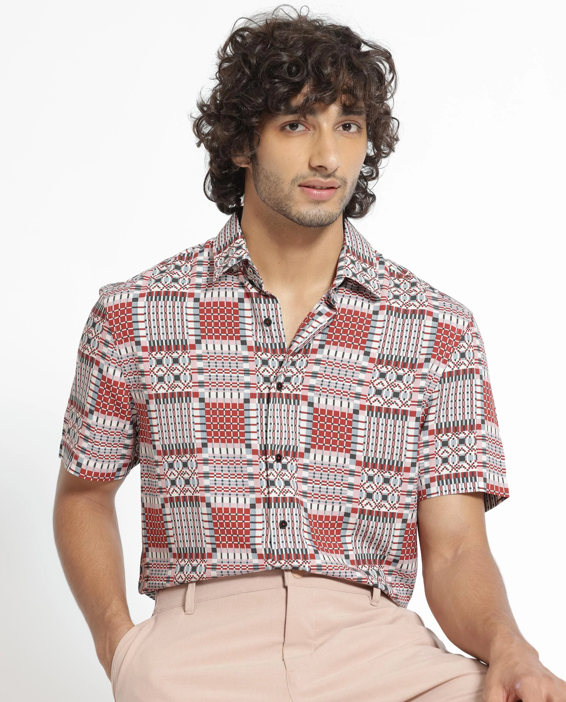 Rare Rabbit Men's Boxem Red Viscose Geometric Print Regular Fit Half Sleeve Collared Shirt - Image 8