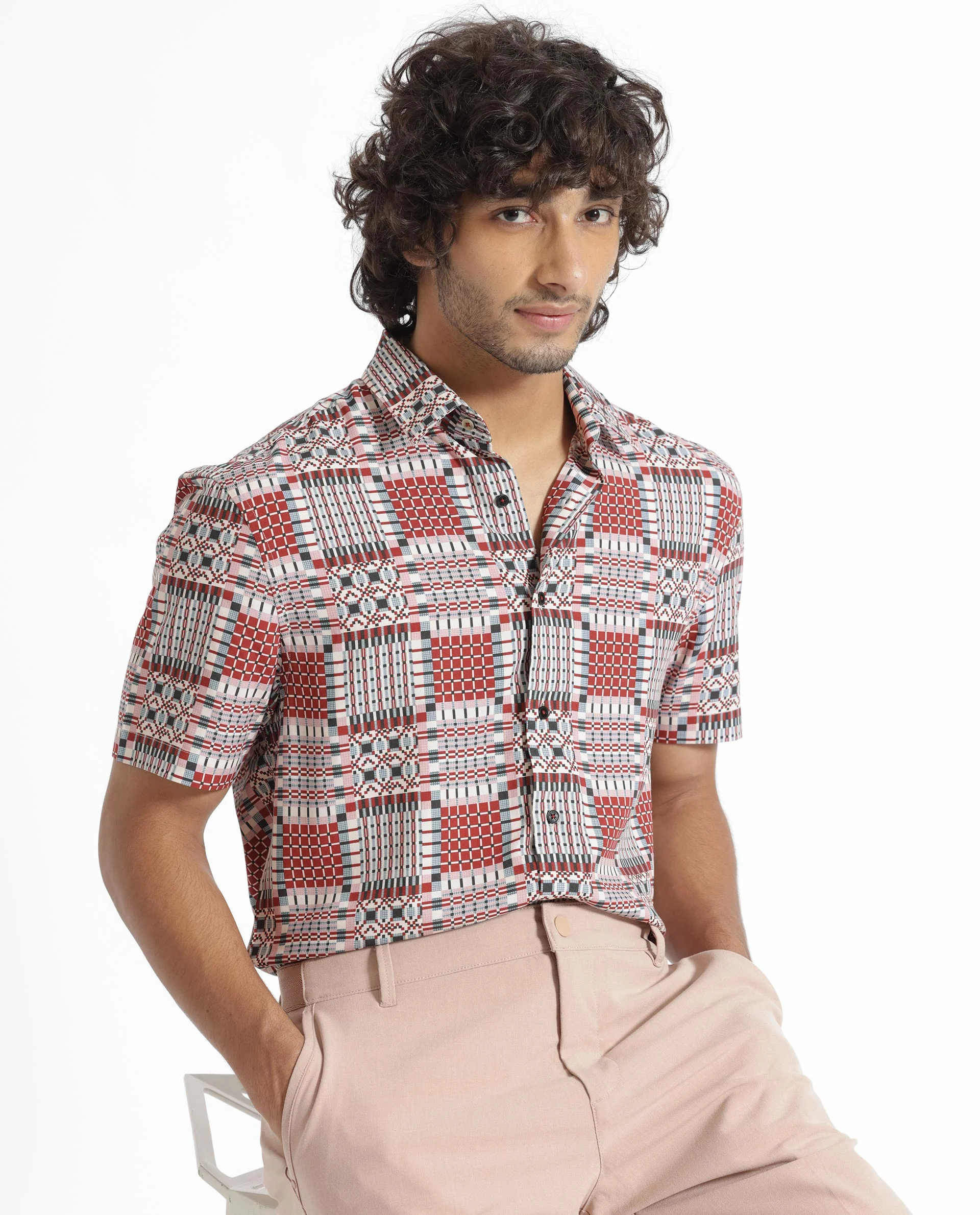 Rare Rabbit Men's Boxem Red Viscose Geometric Print Regular Fit Half Sleeve Collared Shirt - Image 9