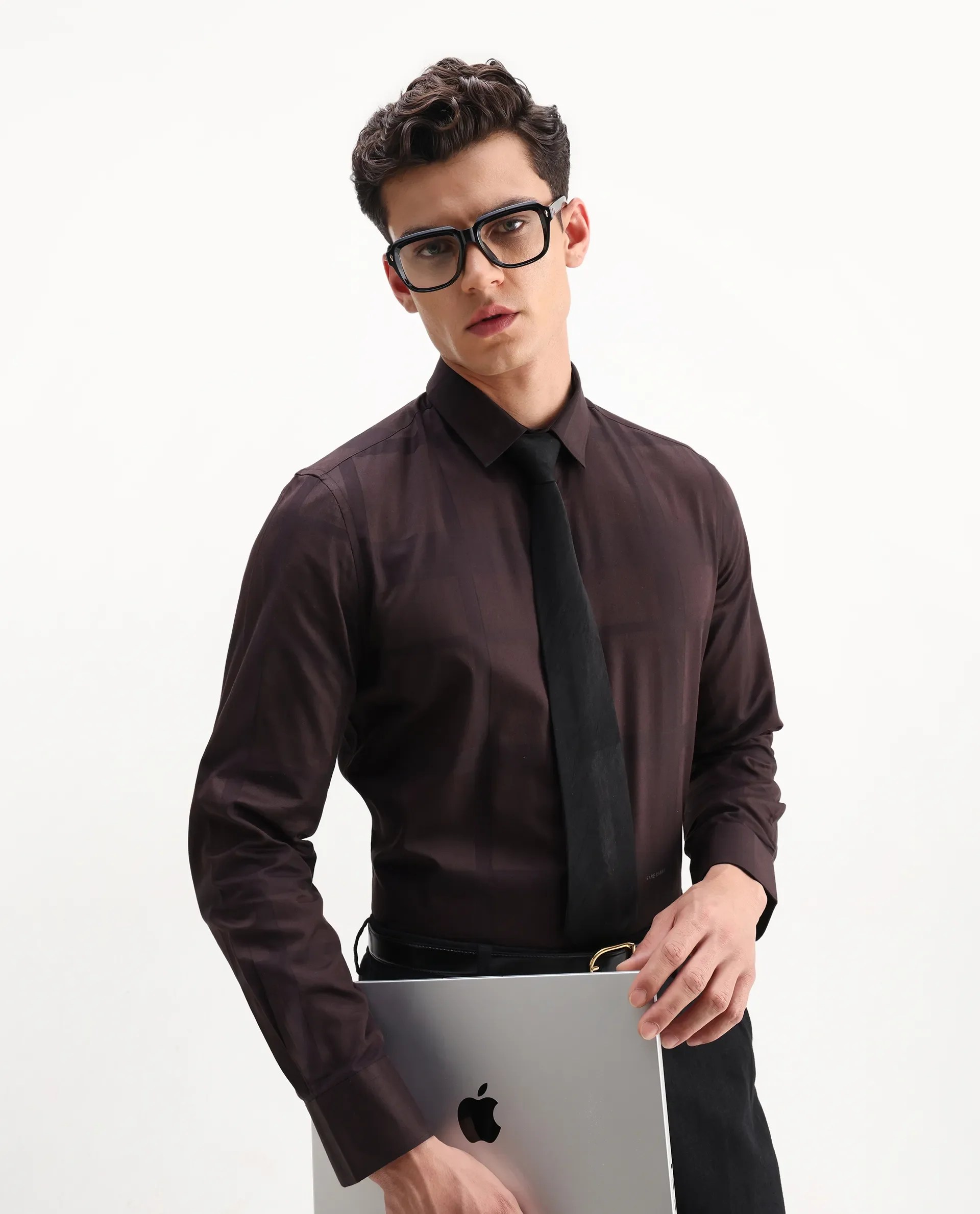 Rare Rabbit Men's Boxlet 25 Coffee Cotton Blend Checked Print Regular Fit Full Sleeve Collared Shirt
