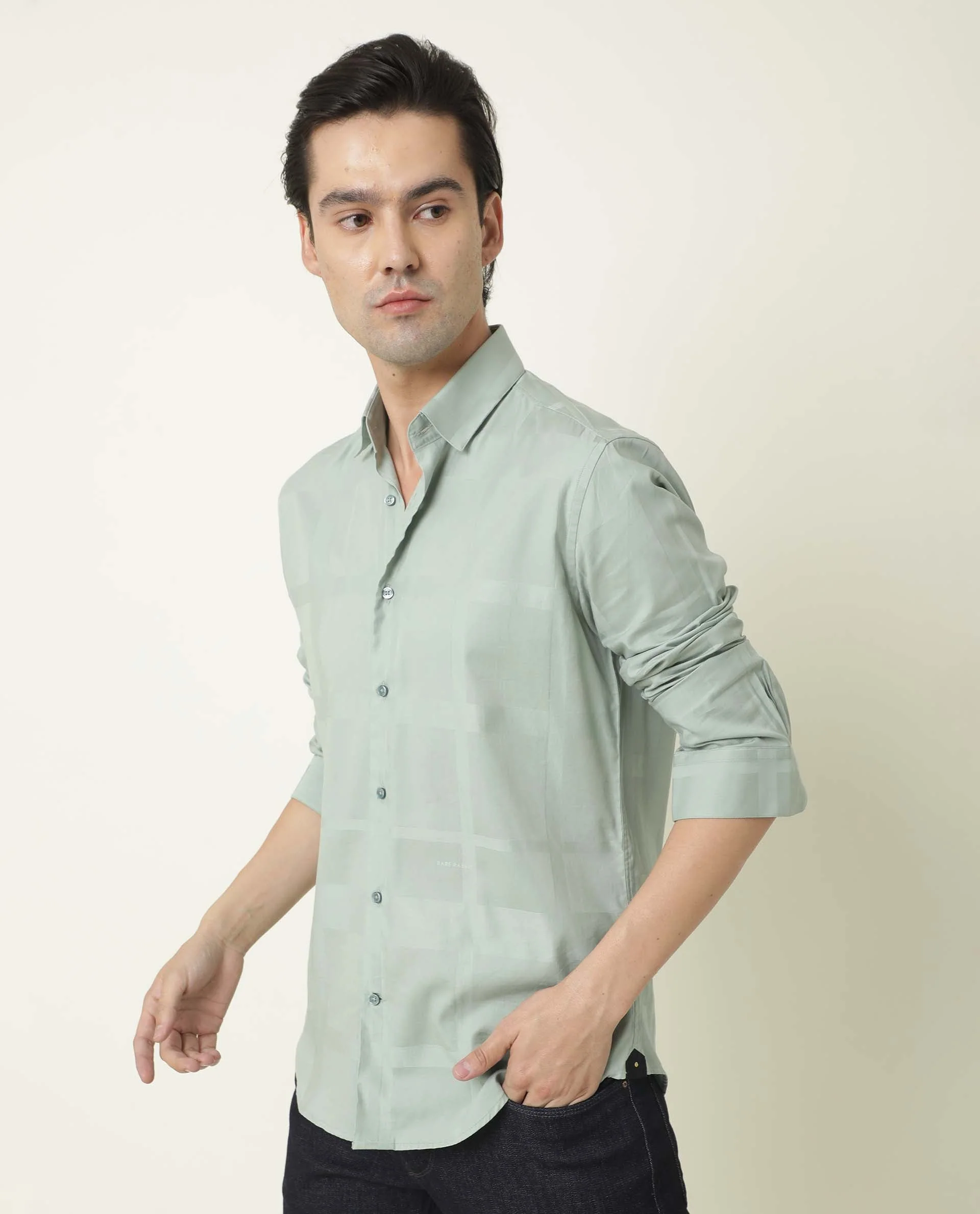 Rare Rabbit Men's Boxline-3 Green Plain Regular Fit Full Sleeve Spread Collar Shirt - Image 2
