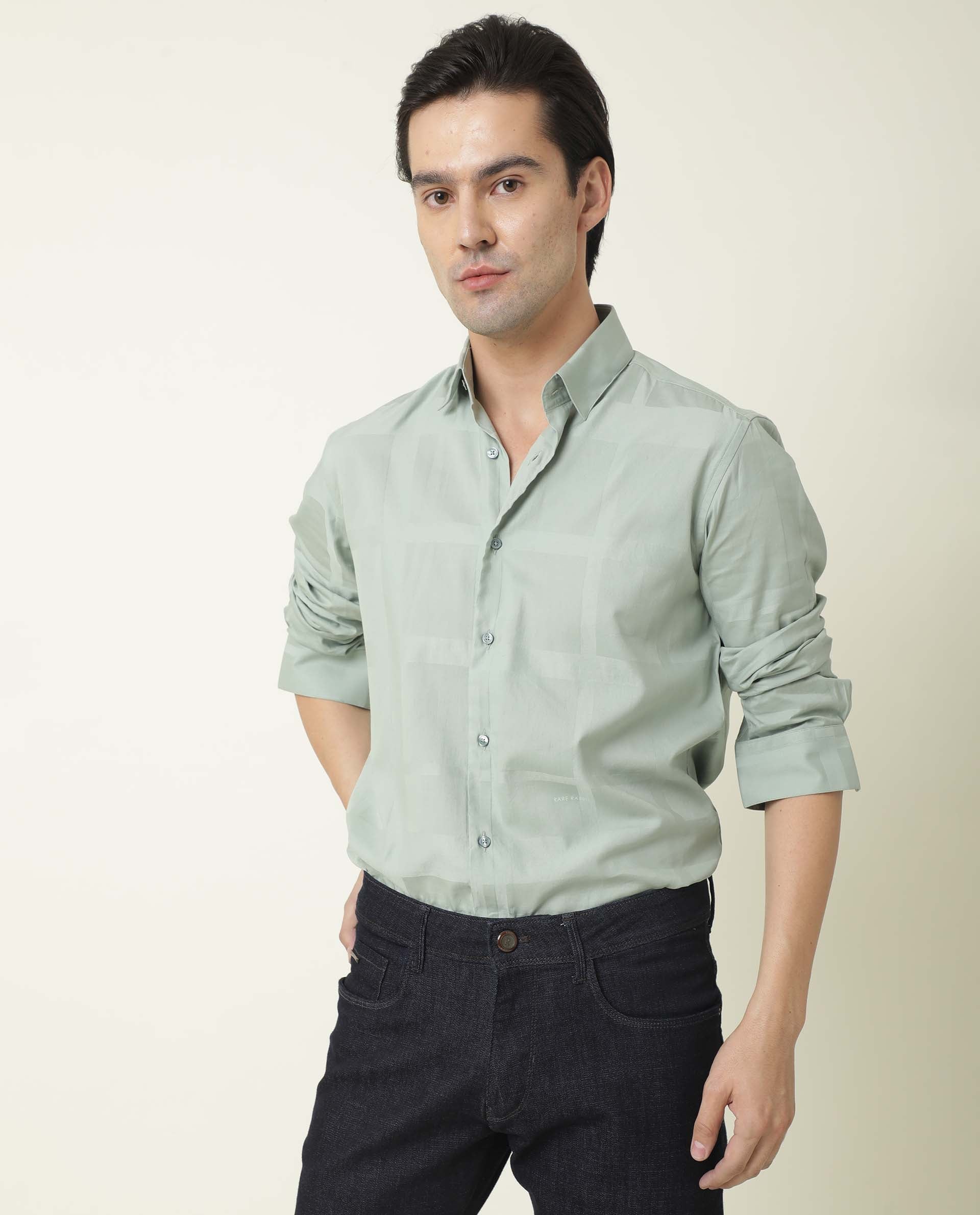 Rare Rabbit Men's Boxline-3 Green Plain Regular Fit Full Sleeve Spread Collar Shirt - Image 3