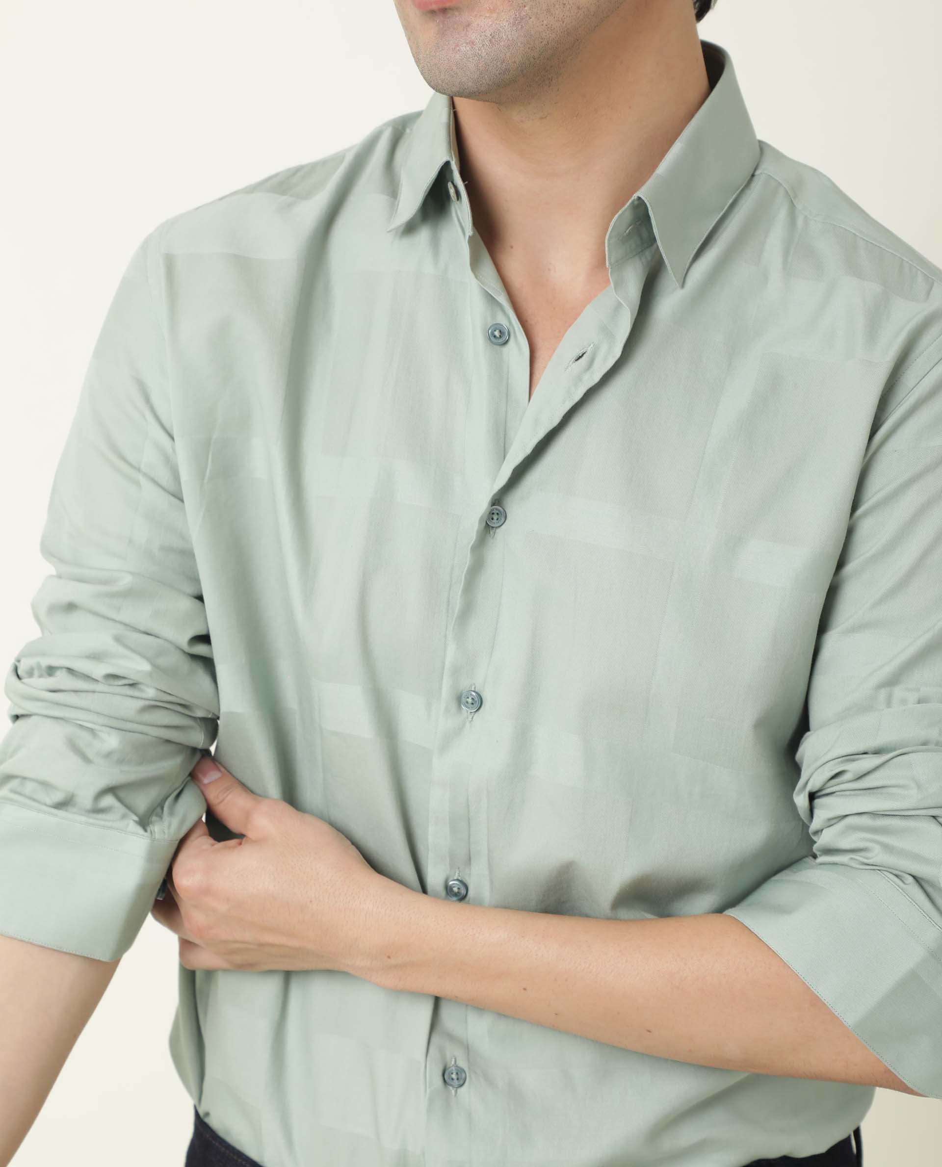 Rare Rabbit Men's Boxline-3 Green Plain Regular Fit Full Sleeve Spread Collar Shirt - Image 5