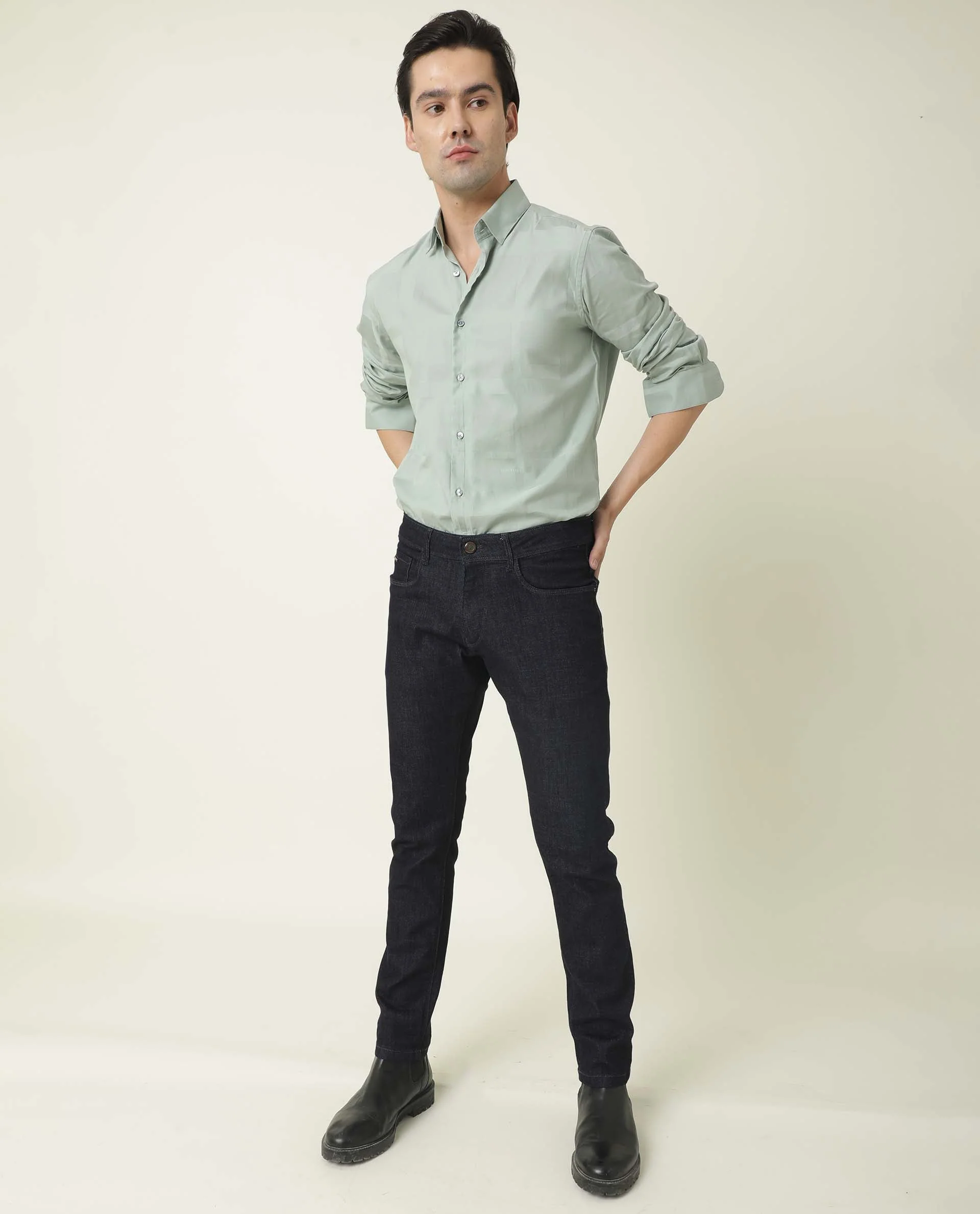Rare Rabbit Men's Boxline-3 Green Plain Regular Fit Full Sleeve Spread Collar Shirt - Image 6