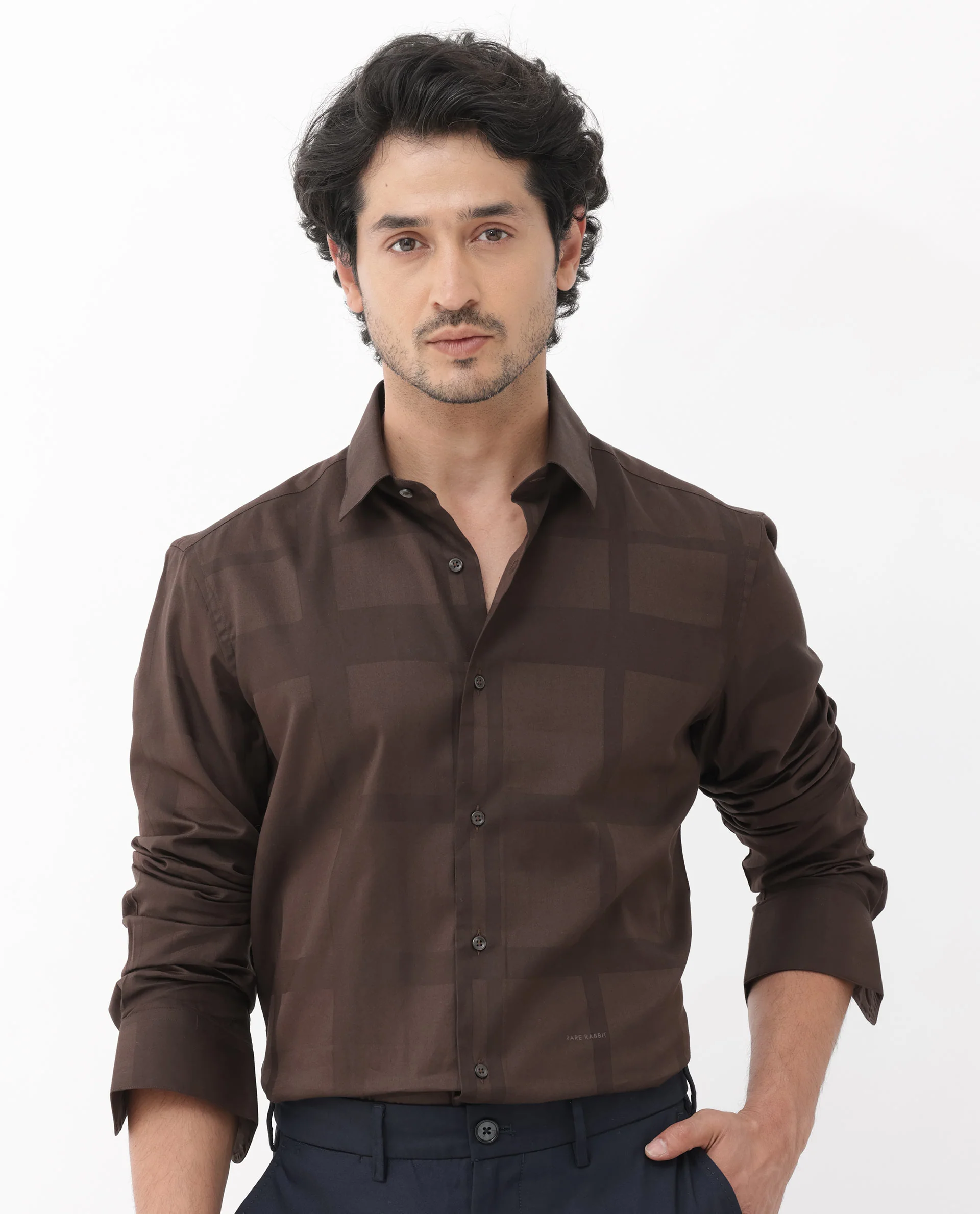 Rare Rabbit Men's Boxline5 Brown Cotton Blend Checked Print Regular Fit Full Sleeve Collared Shirt