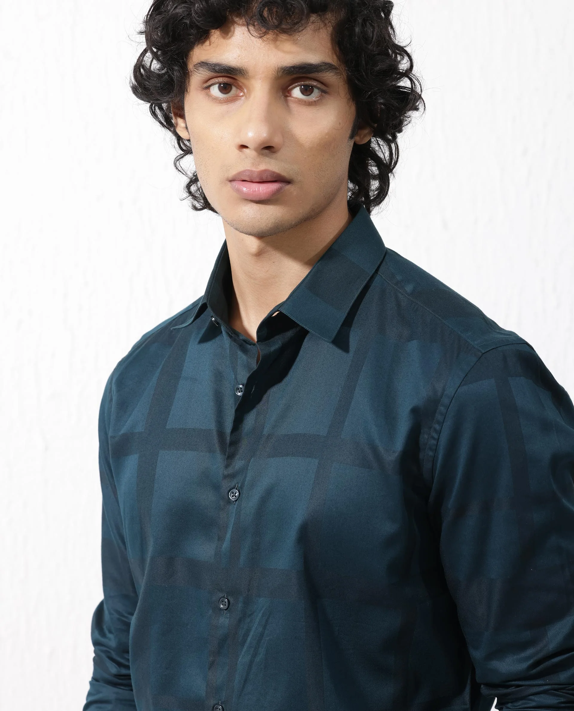 Rare Rabbit Men's Boxline5 Dark Teal Cotton Blend Checked Print Regular Fit Full Sleeve Collared Shirt - Image 2
