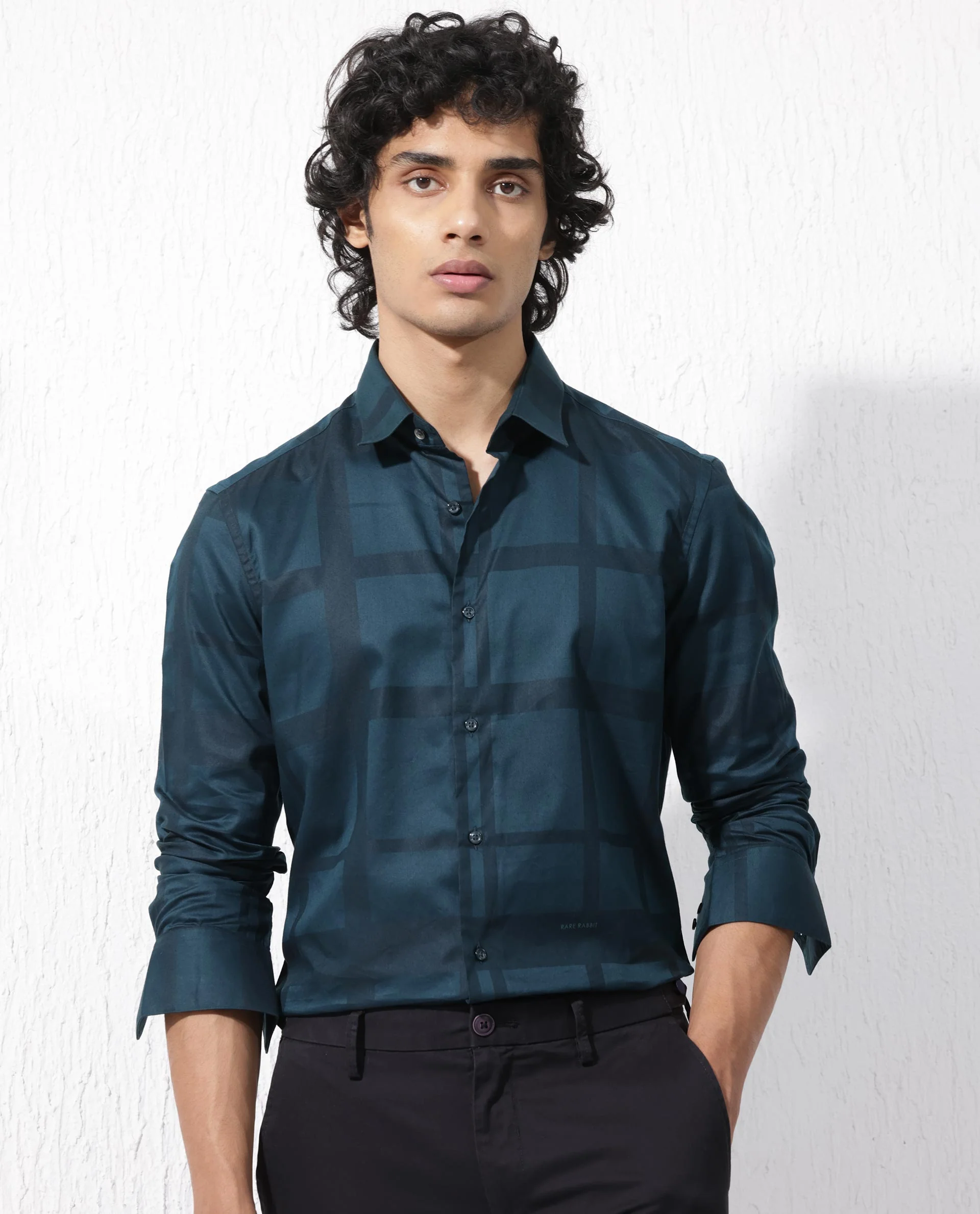 Rare Rabbit Men's Boxline5 Dark Teal Cotton Blend Checked Print Regular Fit Full Sleeve Collared Shirt - Image 7