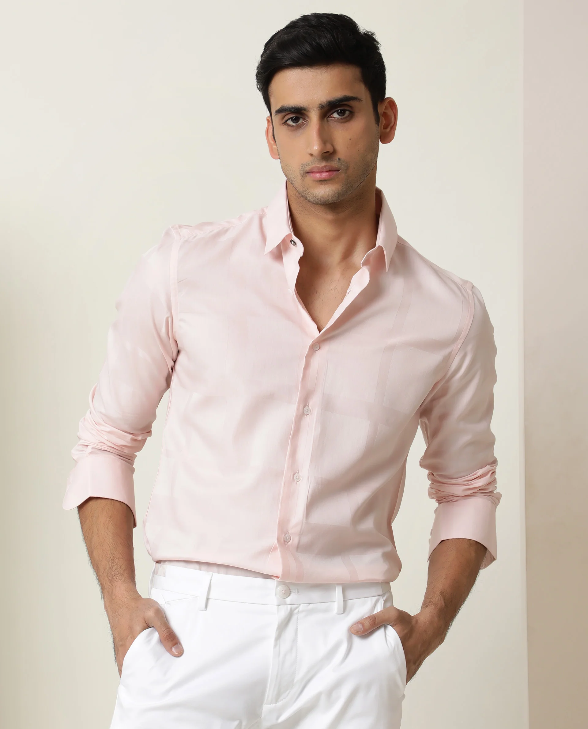 Rare Rabbit Men's Boxline Light Pink Cotton Checked Print Regular Fit Full Sleeve Collared Shirt