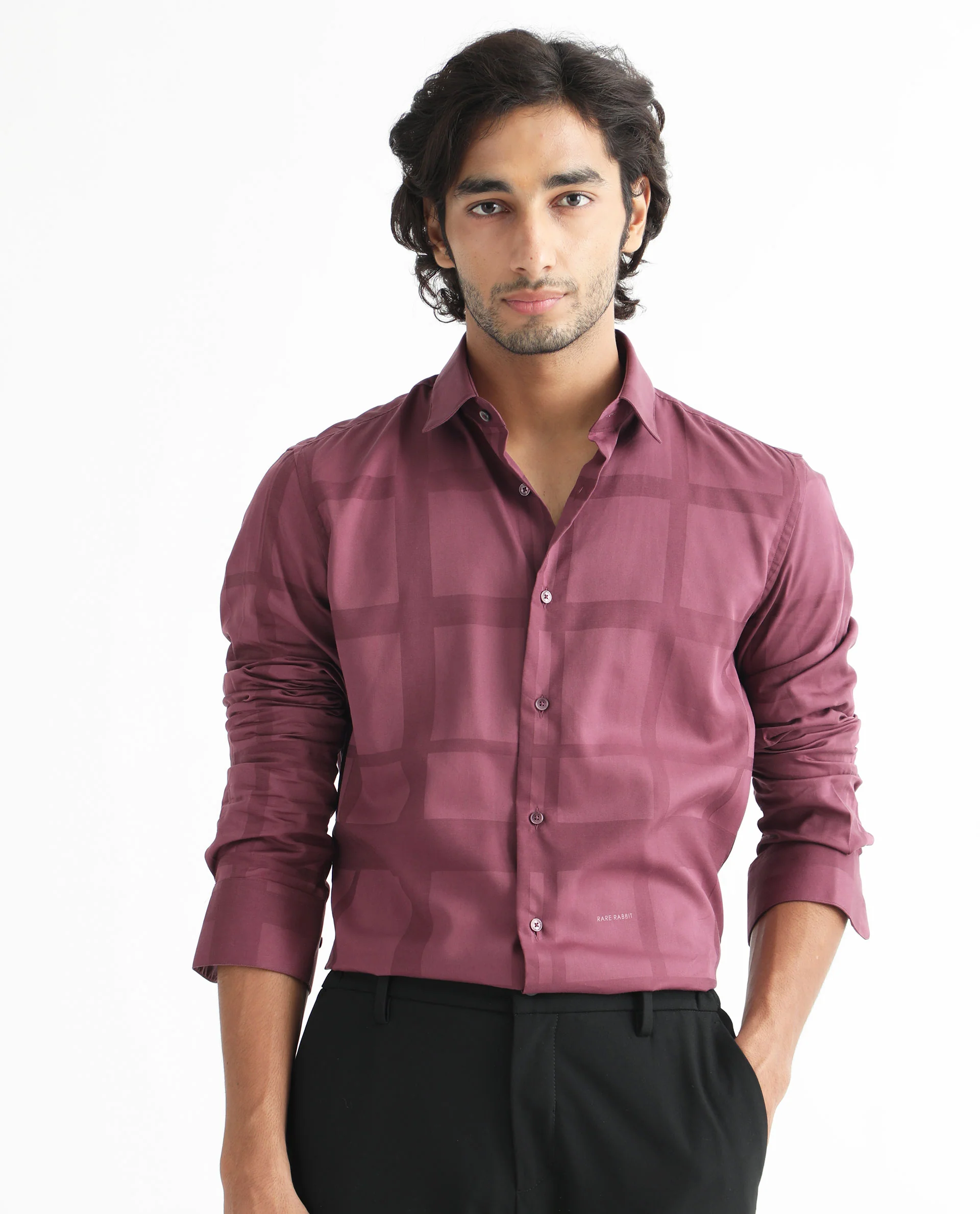 Rare Rabbit Men's Boxlines Maroon Cotton Checked Print Regular Fit Full Sleeve Collared Shirt