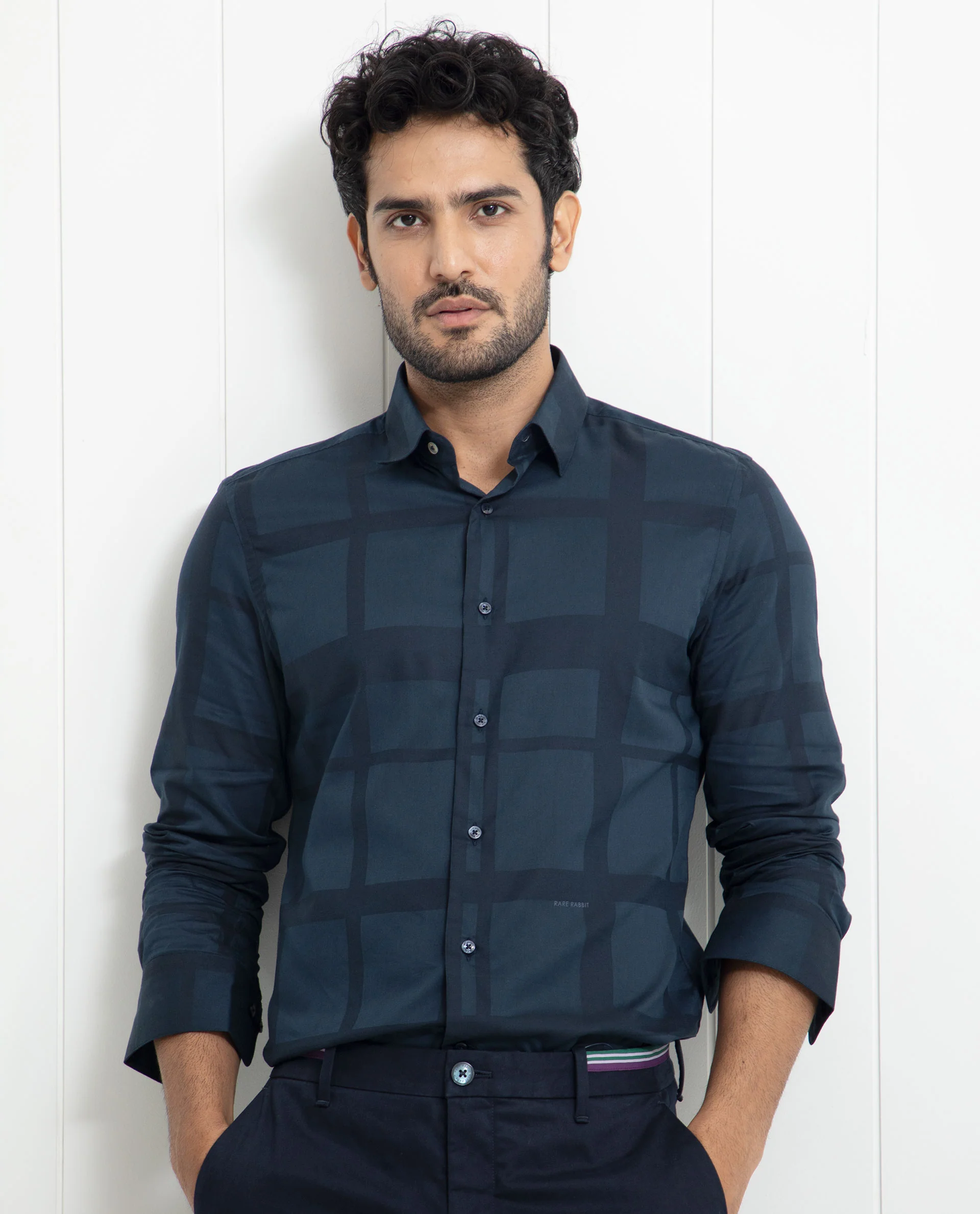 Rare Rabbit Men's Boxlines Navy Cotton Checked Print Regular Fit Full Sleeve Collared Shirt