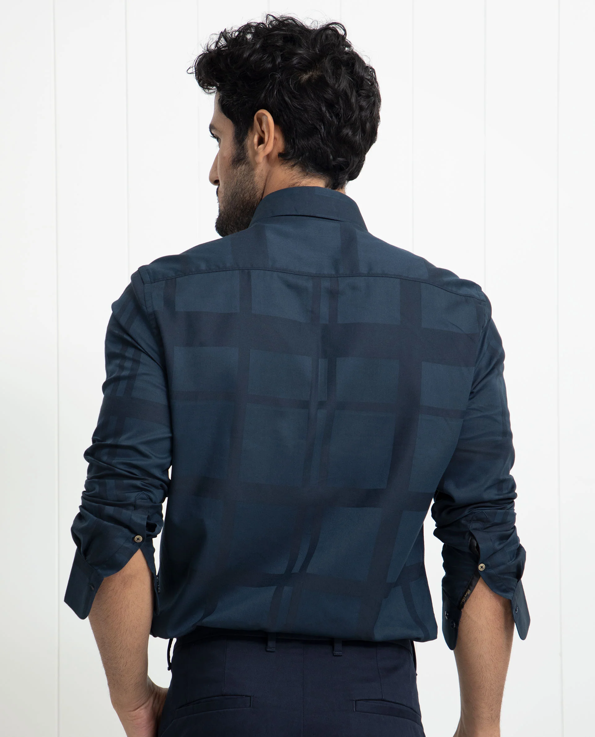 Rare Rabbit Men's Boxlines Navy Cotton Checked Print Regular Fit Full Sleeve Collared Shirt - Image 10