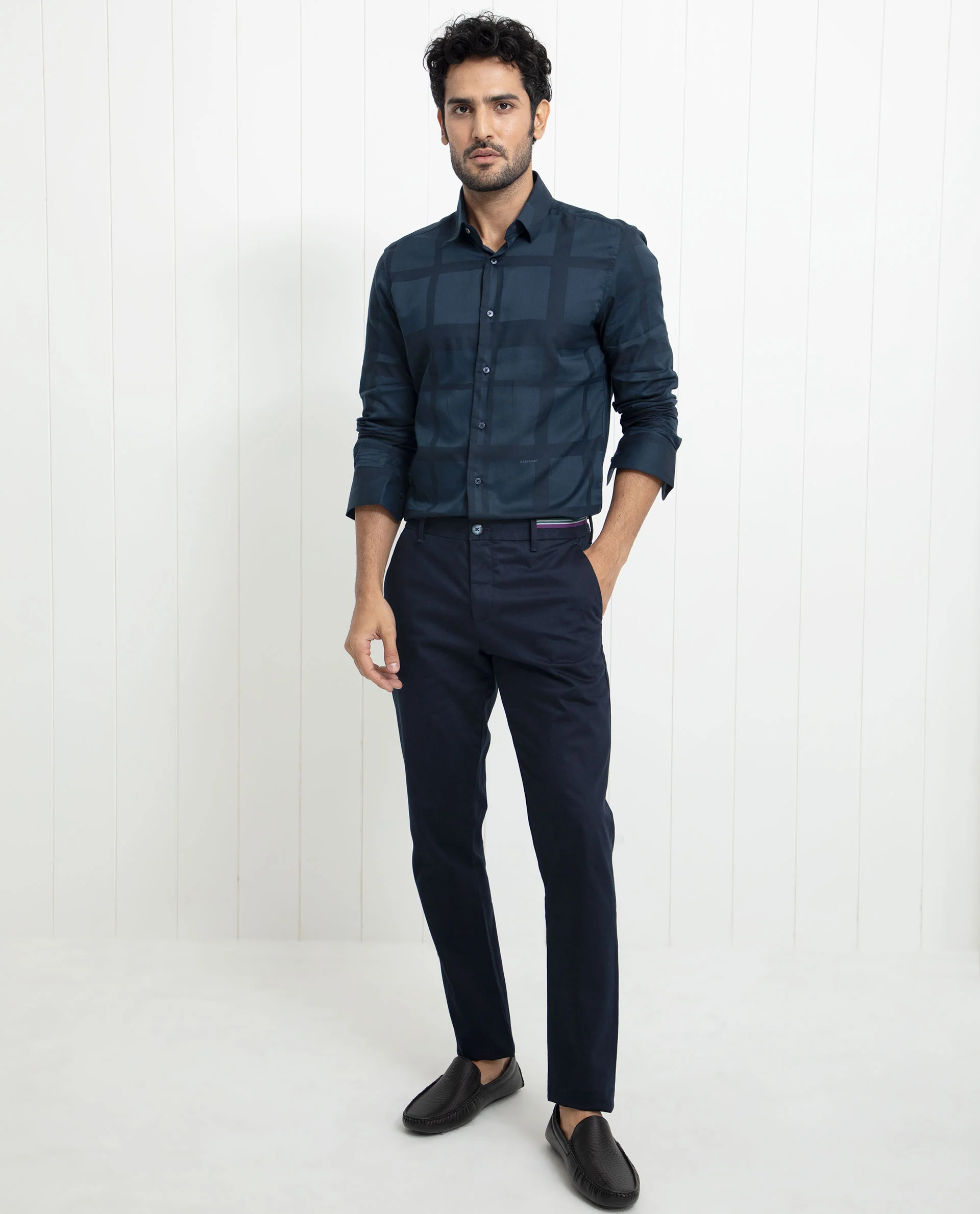 Rare Rabbit Men's Boxlines Navy Cotton Checked Print Regular Fit Full Sleeve Collared Shirt - Image 2