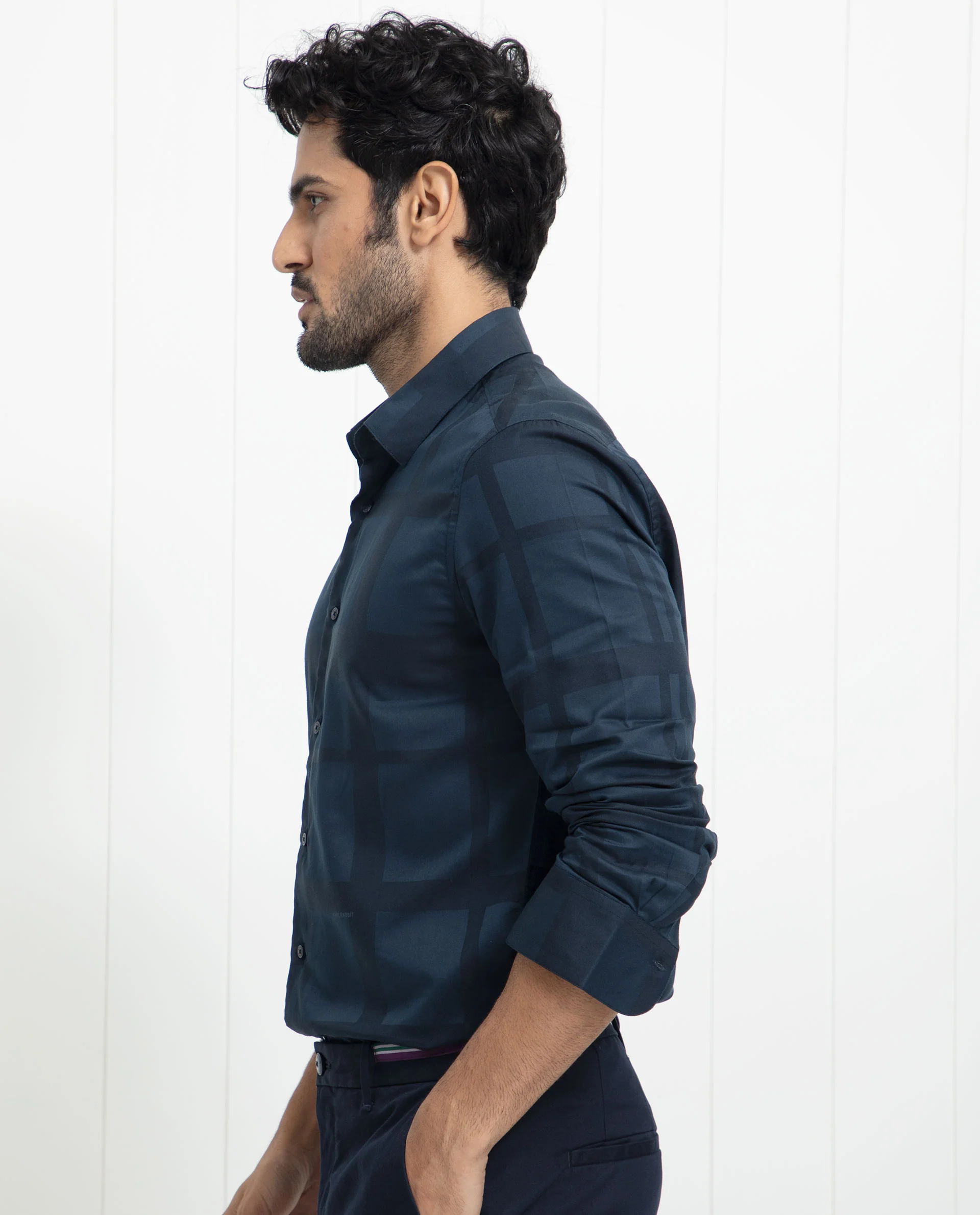 Rare Rabbit Men's Boxlines Navy Cotton Checked Print Regular Fit Full Sleeve Collared Shirt - Image 3