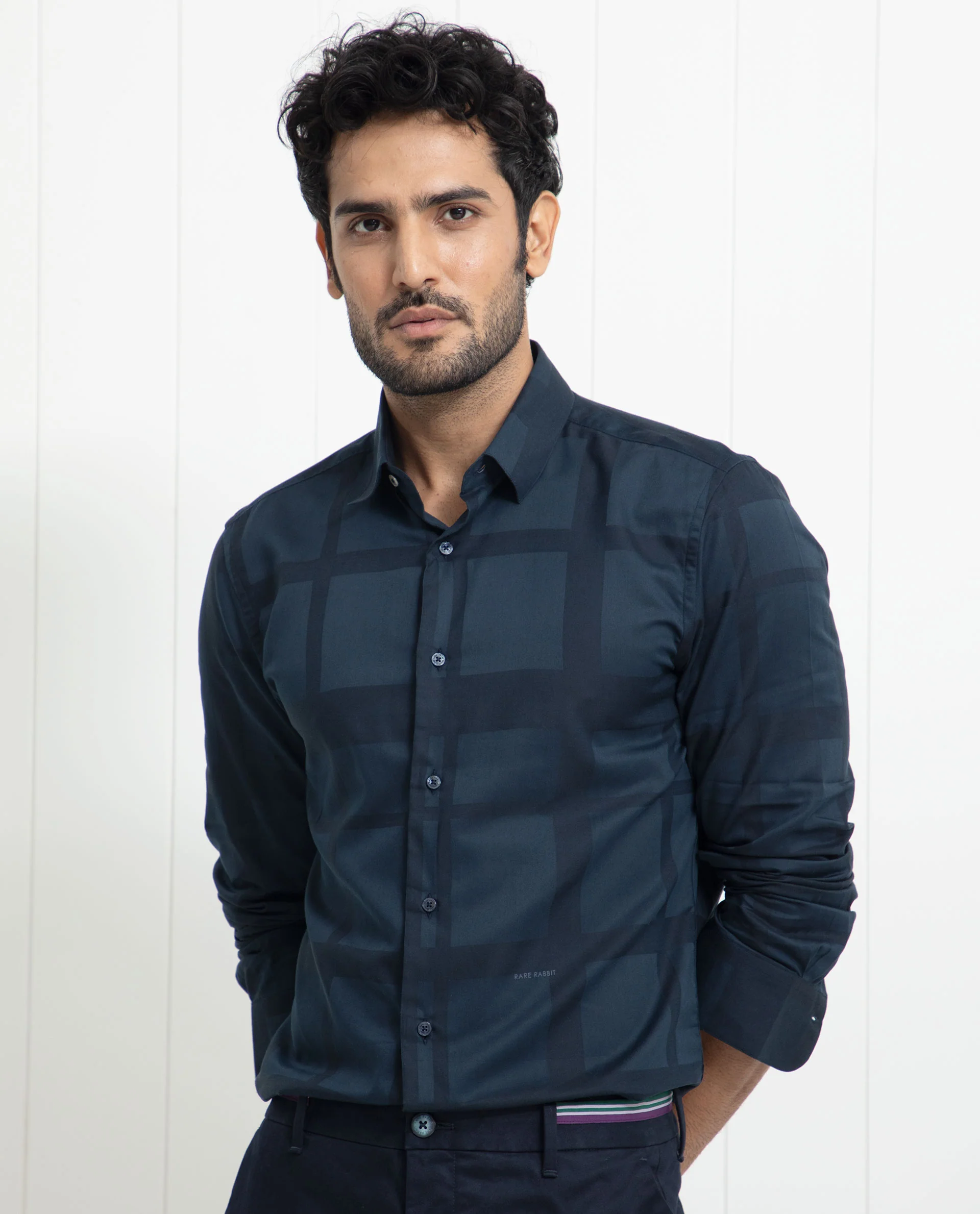 Rare Rabbit Men's Boxlines Navy Cotton Checked Print Regular Fit Full Sleeve Collared Shirt - Image 6