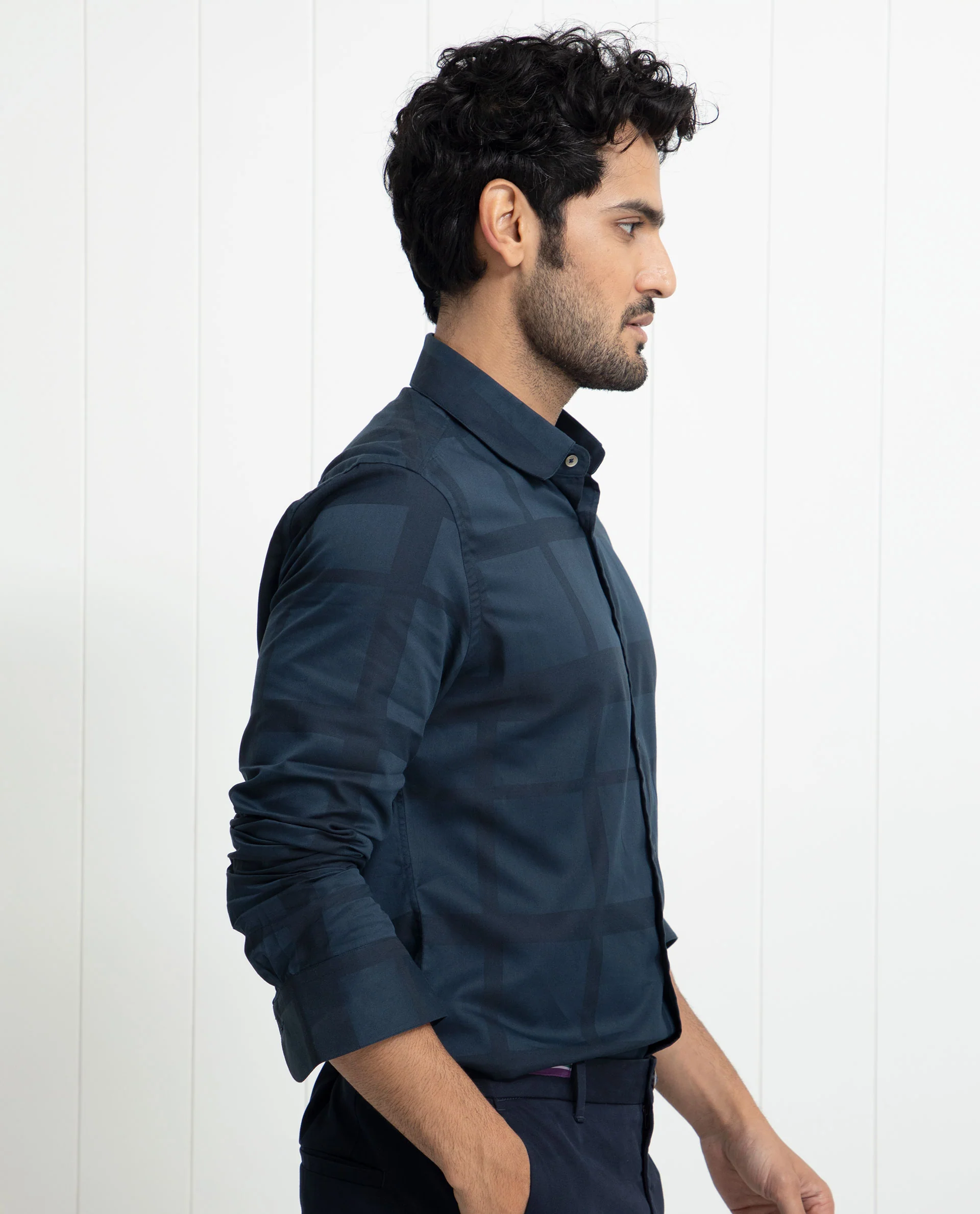 Rare Rabbit Men's Boxlines Navy Cotton Checked Print Regular Fit Full Sleeve Collared Shirt - Image 7