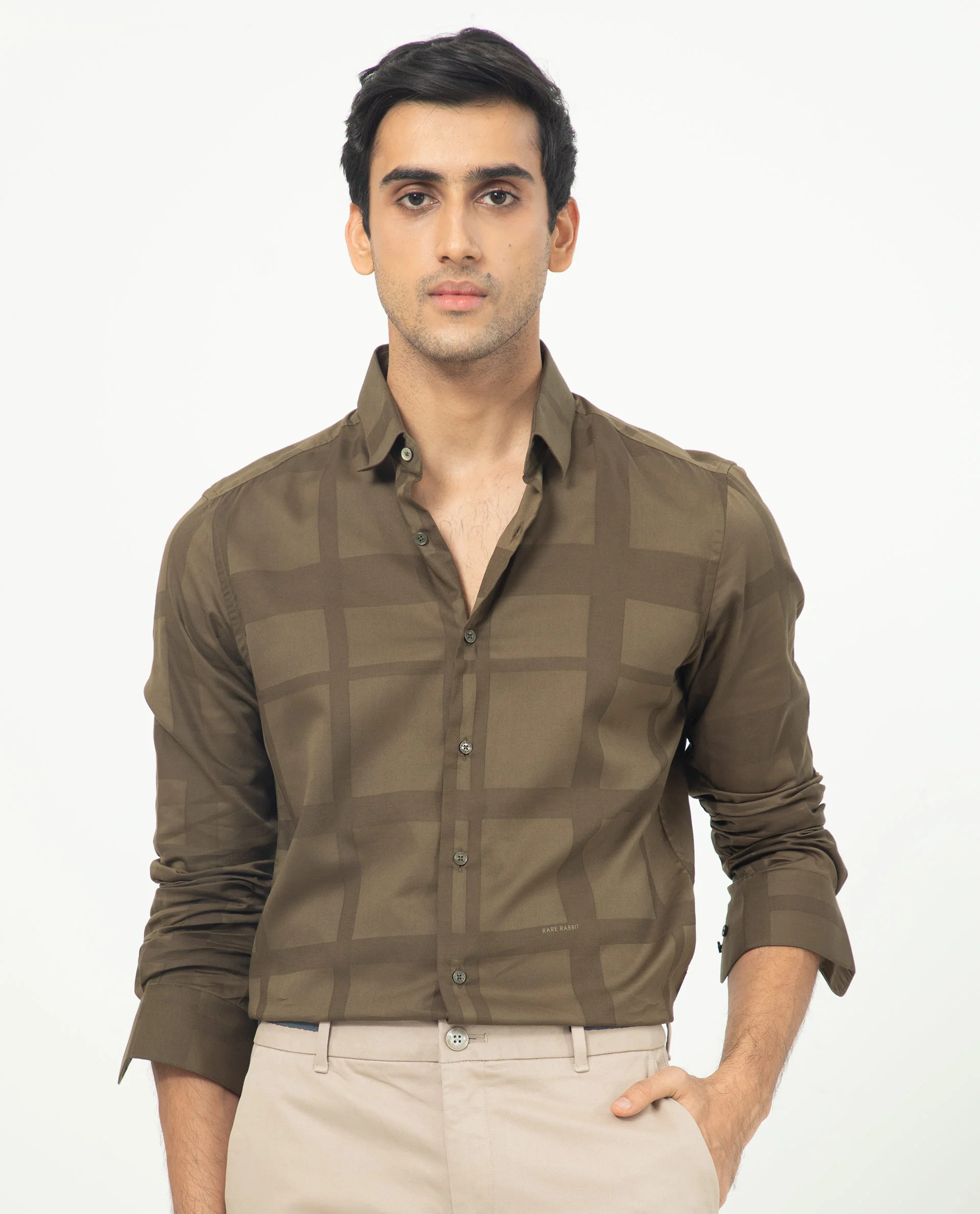 Rare Rabbit Men's Boxlines Olive Cotton Checked Print Regular Fit Full Sleeve Collared Shirt
