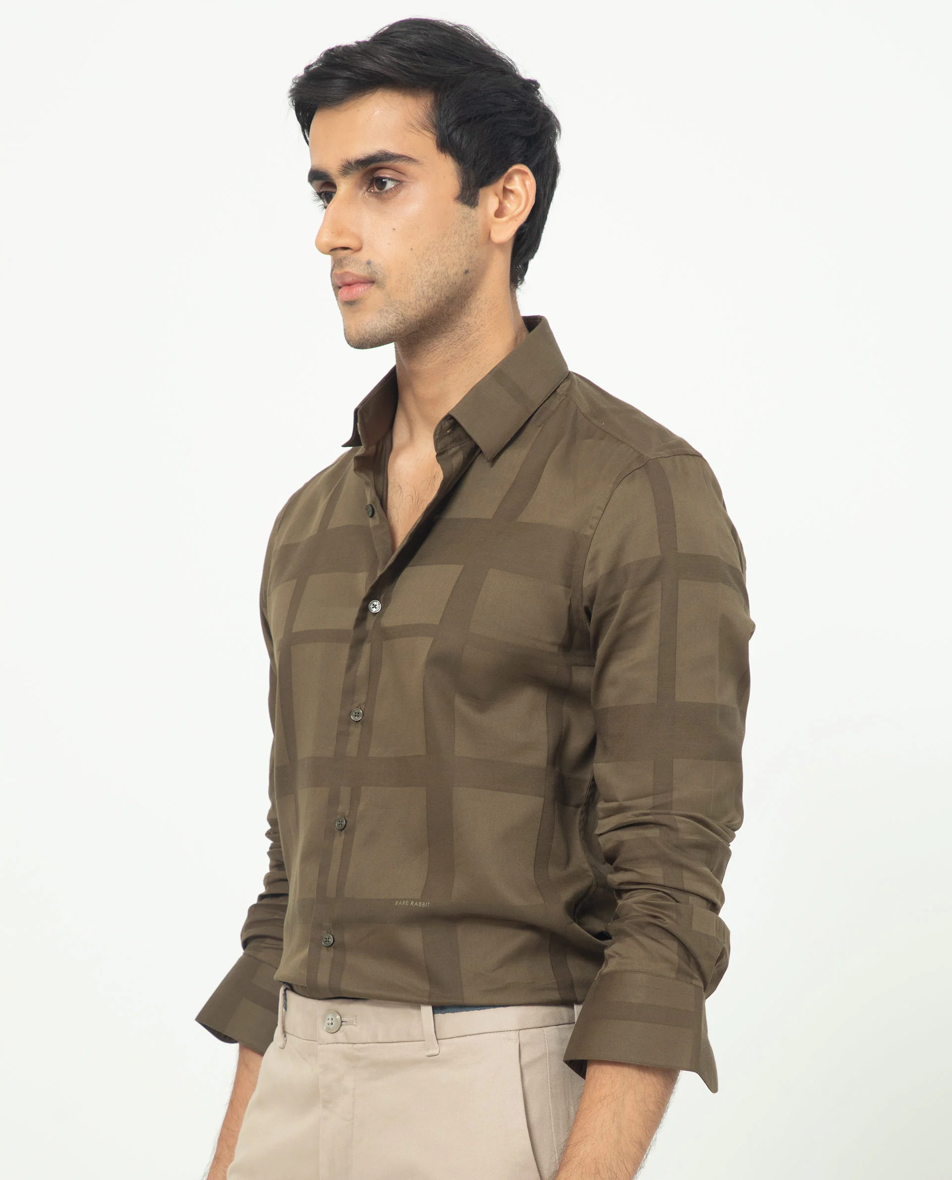 Rare Rabbit Men's Boxlines Olive Cotton Checked Print Regular Fit Full Sleeve Collared Shirt - Image 3