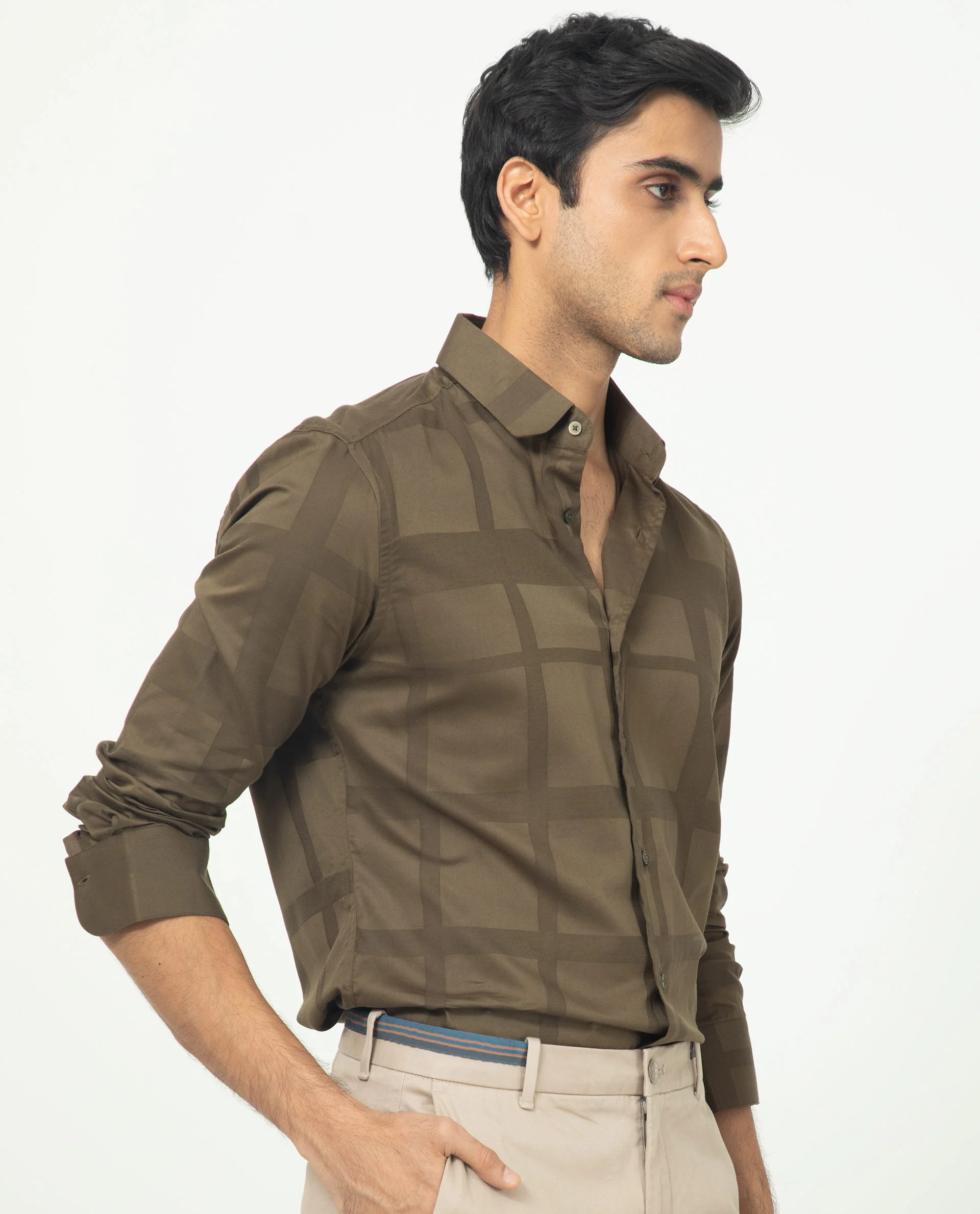 Rare Rabbit Men's Boxlines Olive Cotton Checked Print Regular Fit Full Sleeve Collared Shirt - Image 4