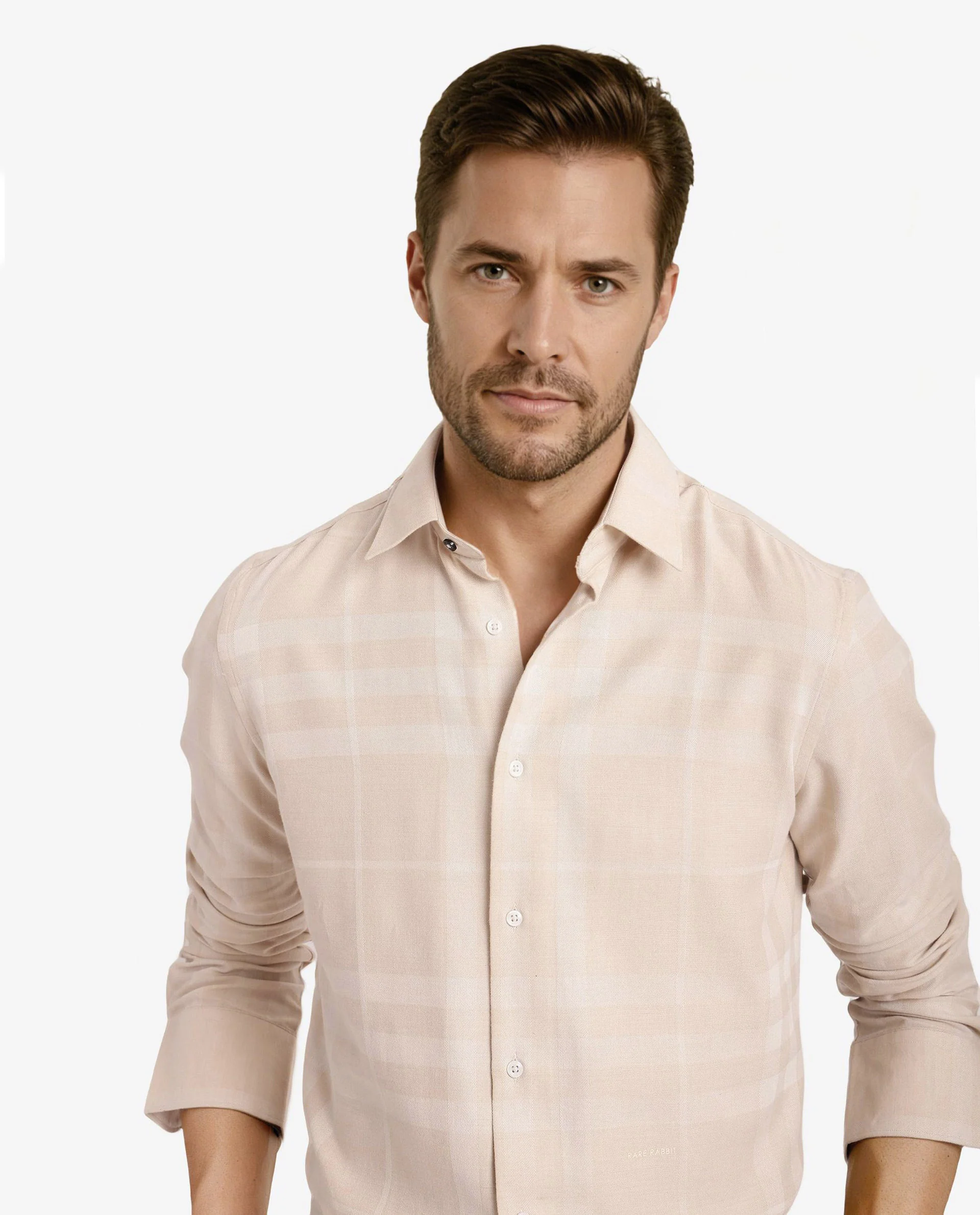 Rare Rabbit Men's Boxlo Beige Cotton Checked Print Regular Fit Full Sleeve Collared Shirt - Image 2