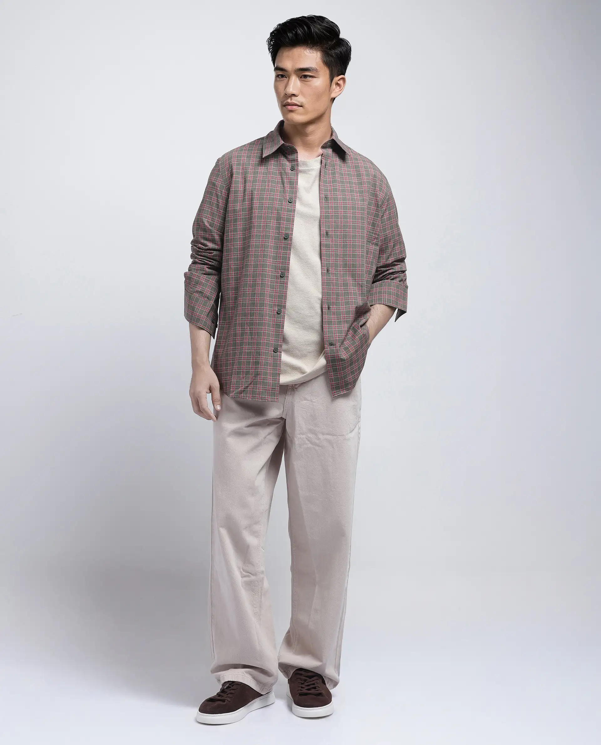 Rare Rabbit Men's Boxy Dark Olive Cotton Checked Print Regular Fit Full Sleeve Collared Shirt - Image 2