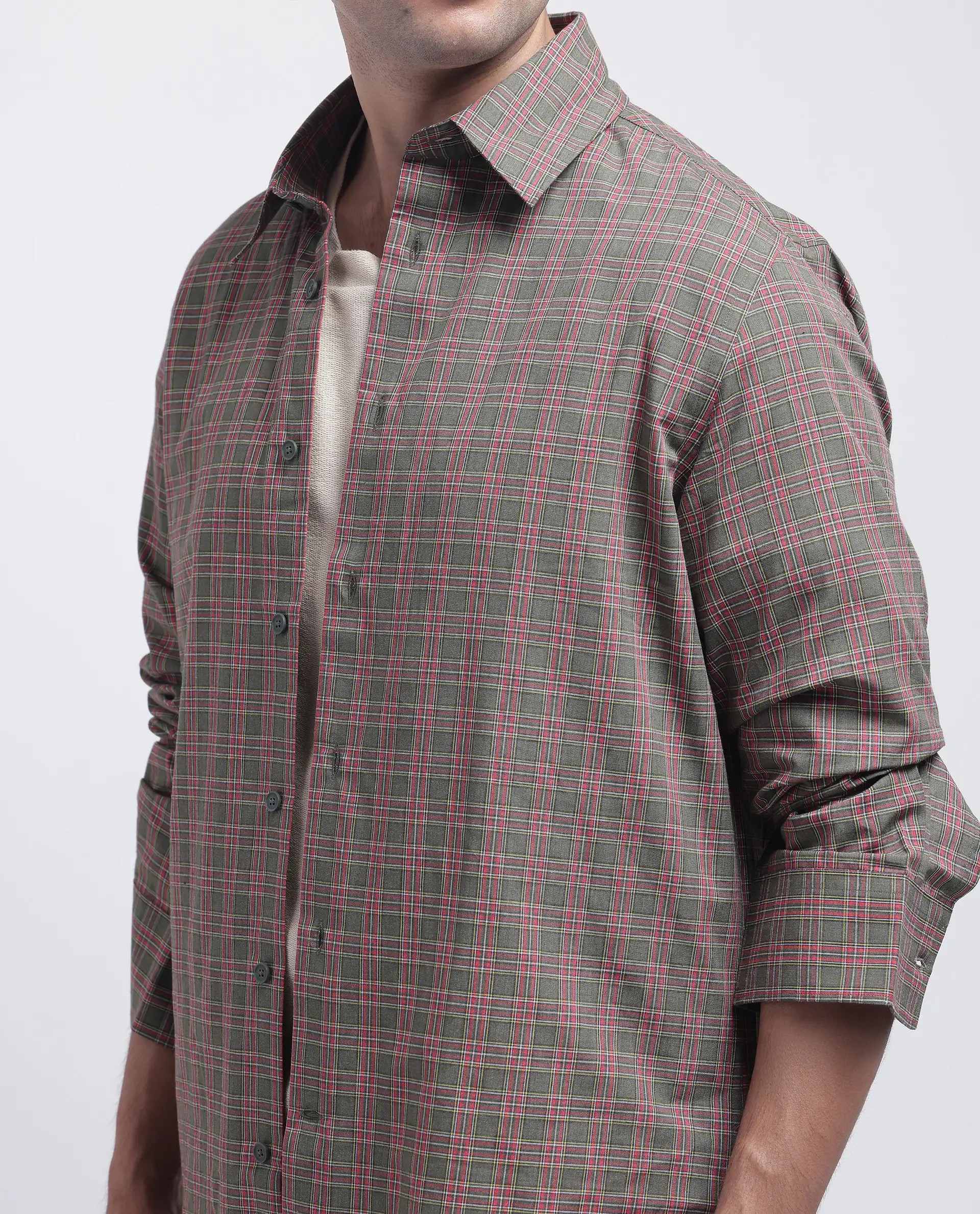 Rare Rabbit Men's Boxy Dark Olive Cotton Checked Print Regular Fit Full Sleeve Collared Shirt - Image 4