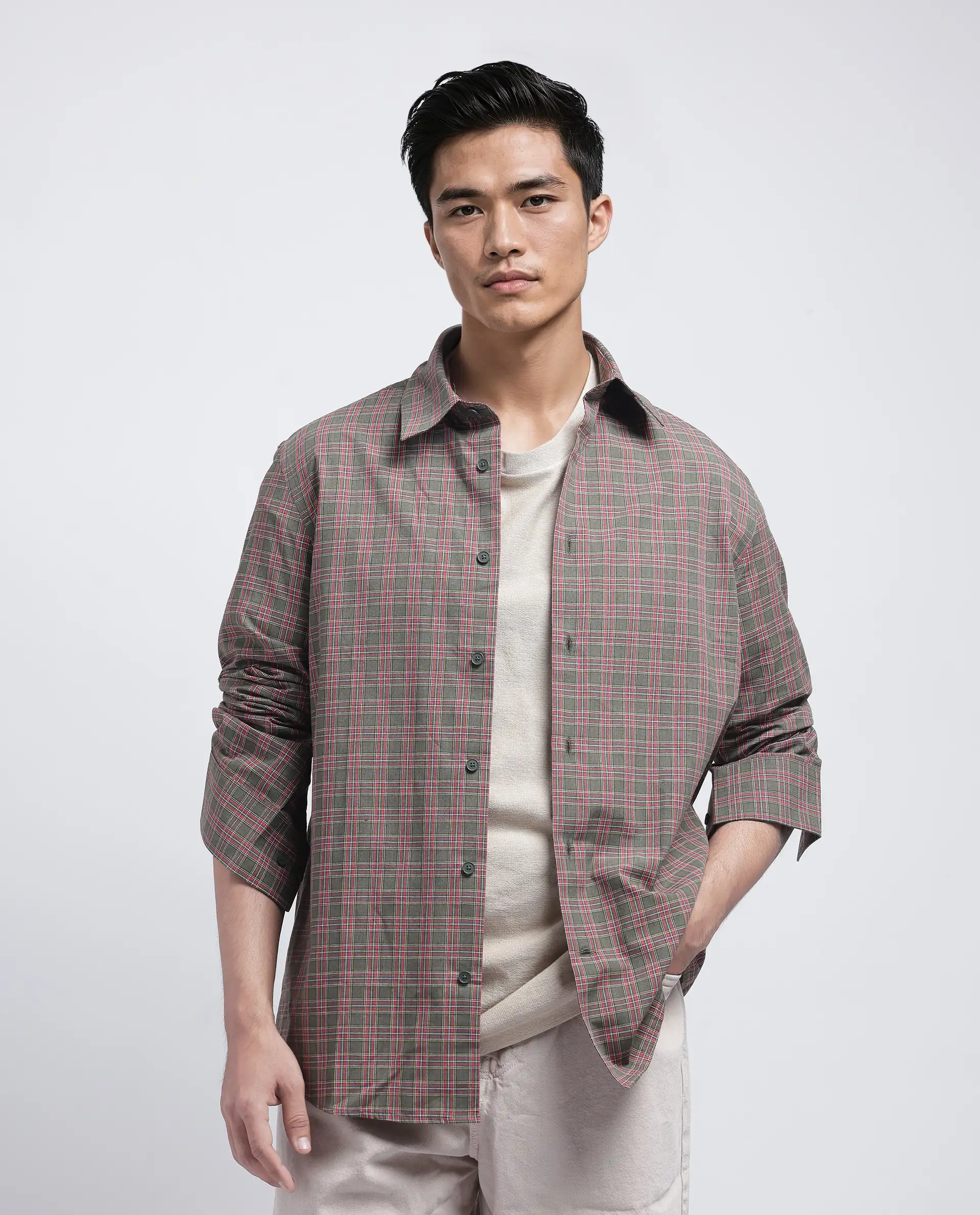 Rare Rabbit Men's Boxy Dark Olive Cotton Checked Print Regular Fit Full Sleeve Collared Shirt - Image 5