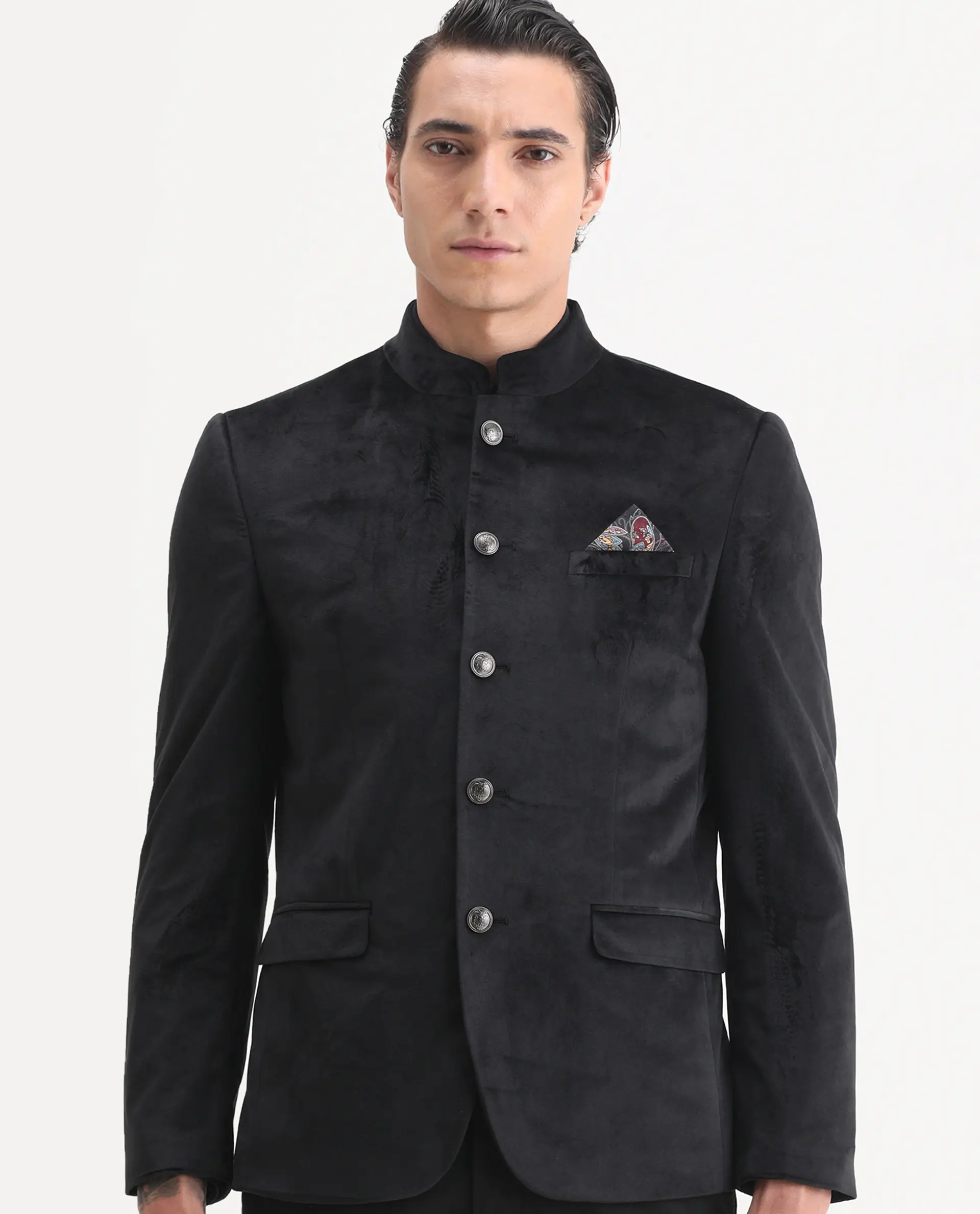 Rare Rabbit Men's Bozelli Black Velvet Plain Tailored Fit Full Sleeve Mandarin Collar Bandhgala Jodhpuri